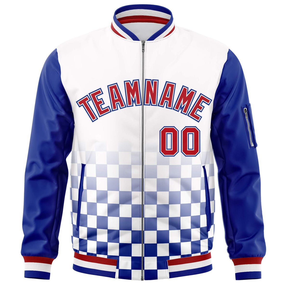 Custom White Red-Royal Grid Varsity Full-Zip Color Block Letterman Raglan Sleeve Jacket