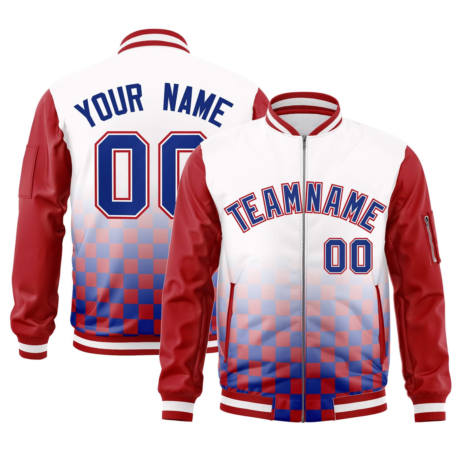 Custom White Royal-Red Grid Varsity Full-Zip Color Block Letterman Raglan Sleeve Jacket
