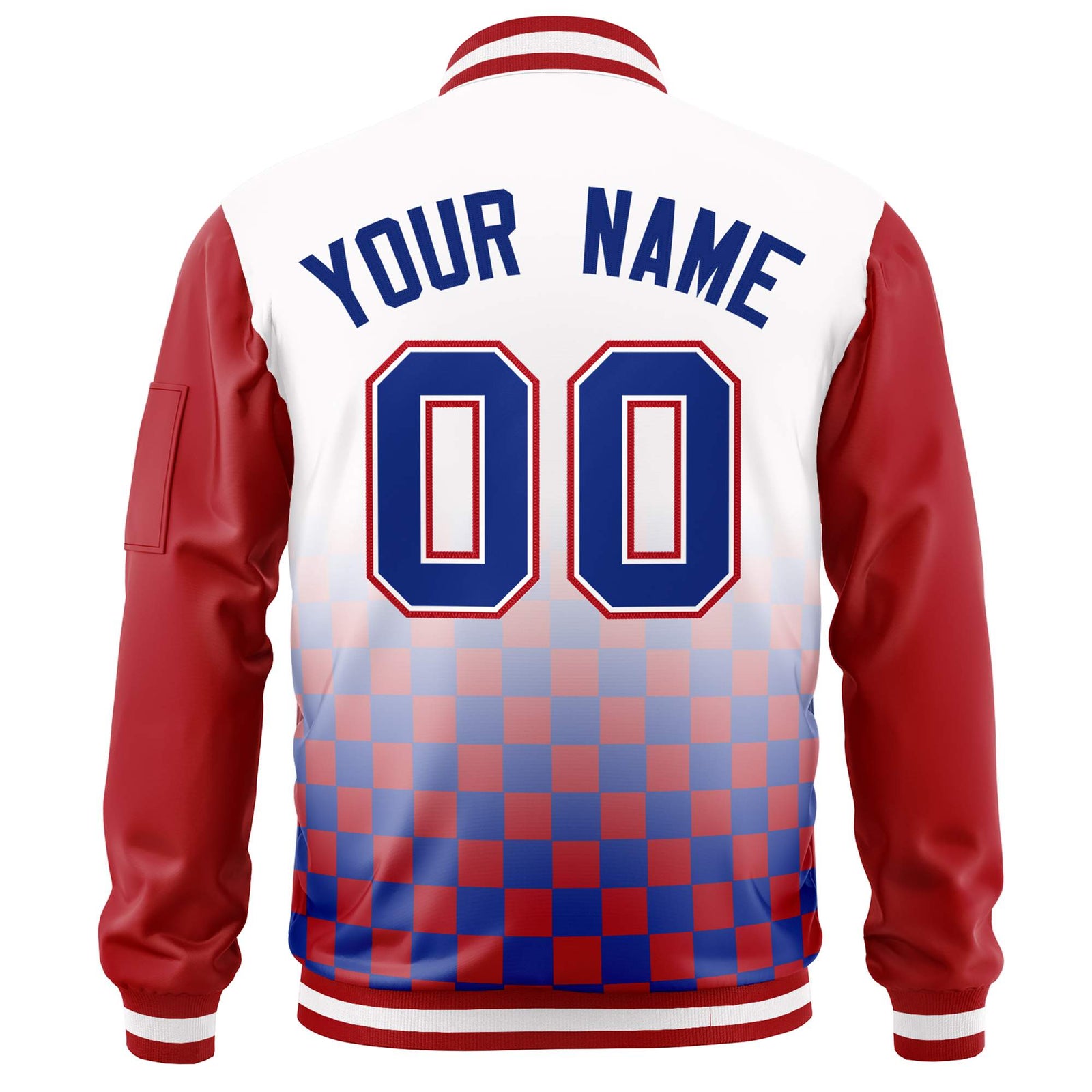 Custom White Royal-Red Grid Varsity Full-Zip Color Block Letterman Raglan Sleeve Jacket