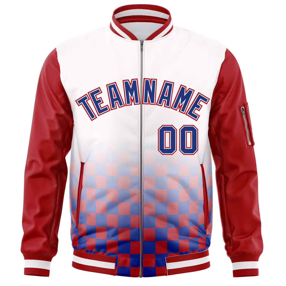 Custom White Royal-Red Grid Varsity Full-Zip Color Block Letterman Raglan Sleeve Jacket