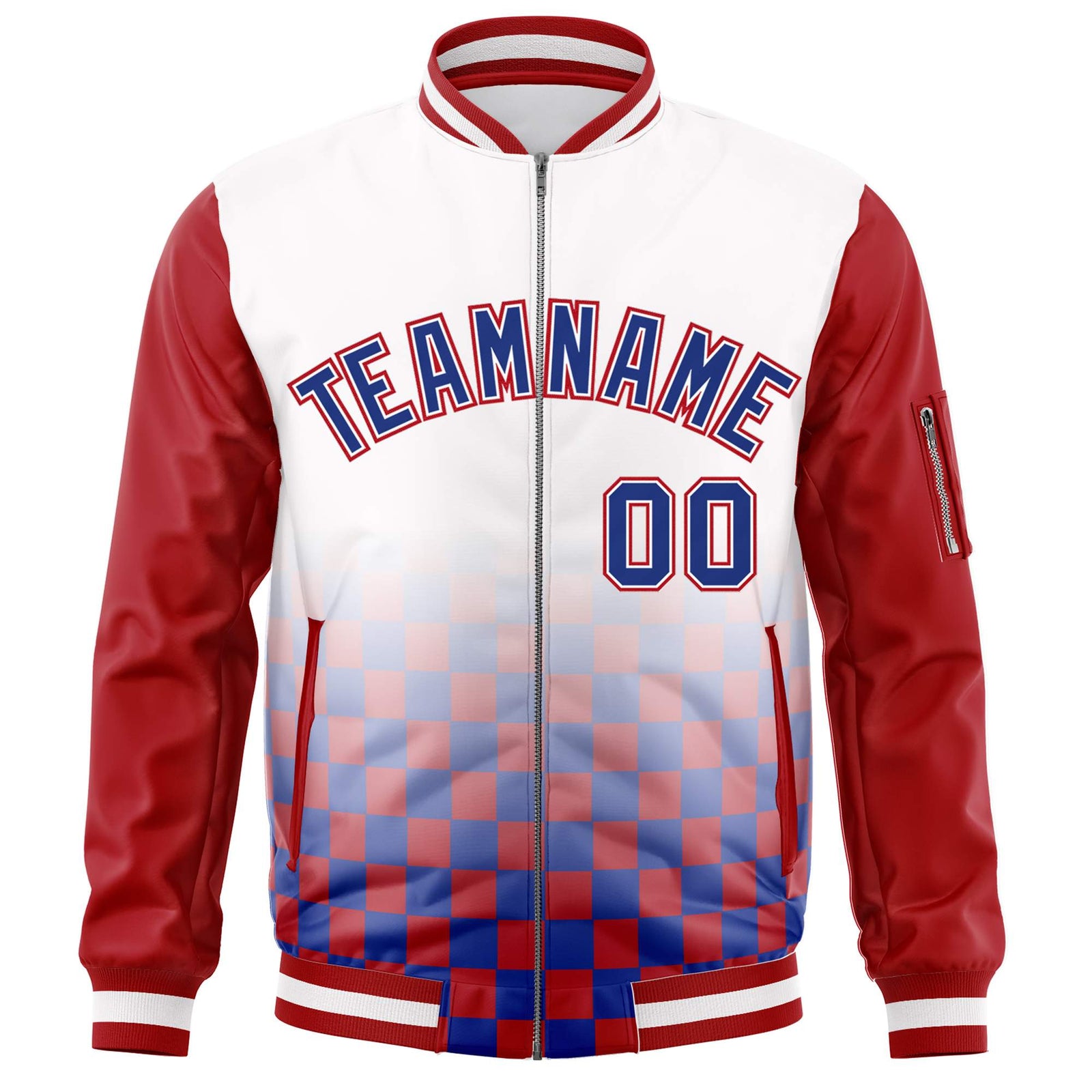 Custom White Royal-Red Grid Varsity Full-Zip Color Block Letterman Raglan Sleeve Jacket