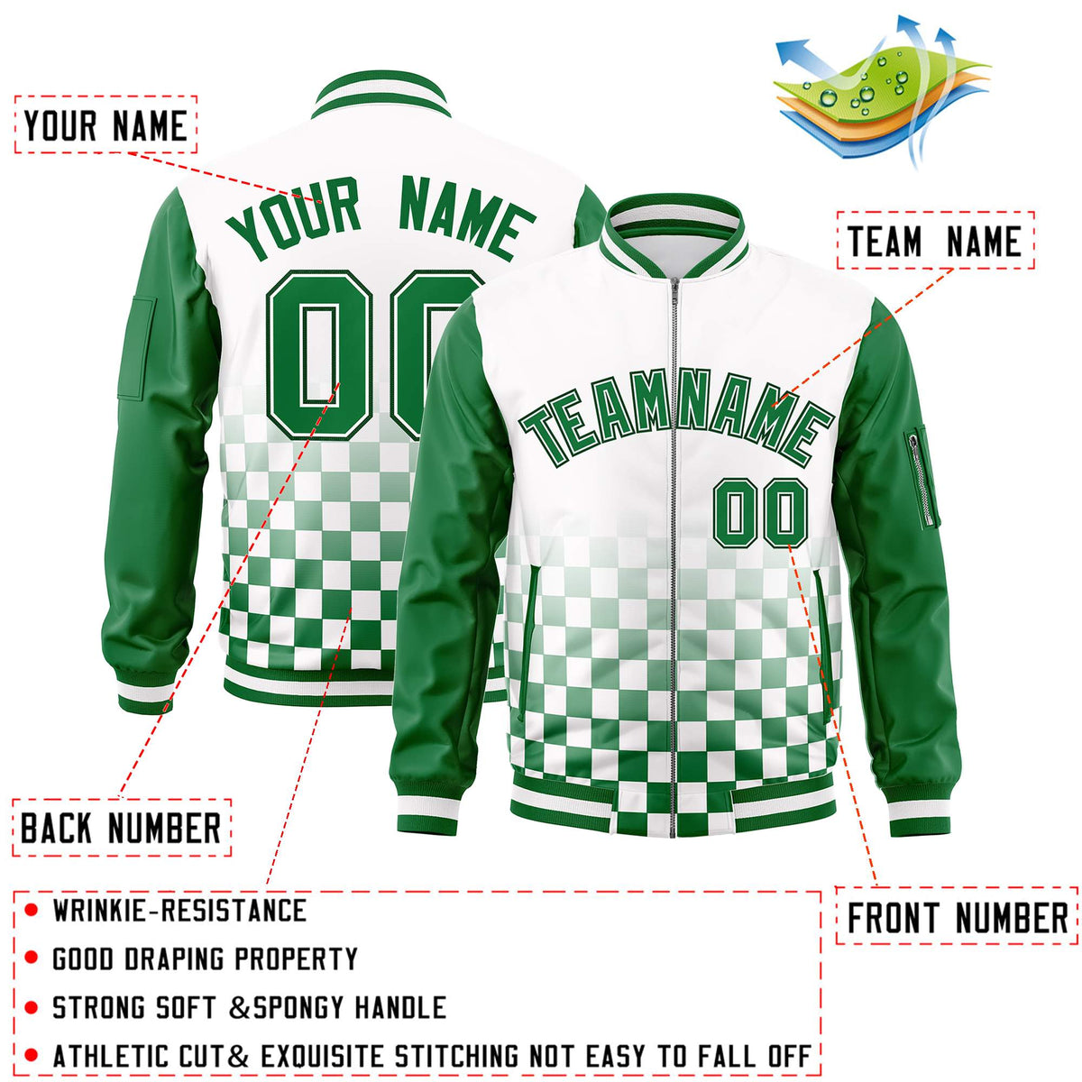 Custom White Green Grid Varsity Full-Zip Color Block Letterman Raglan Sleeve Jacket