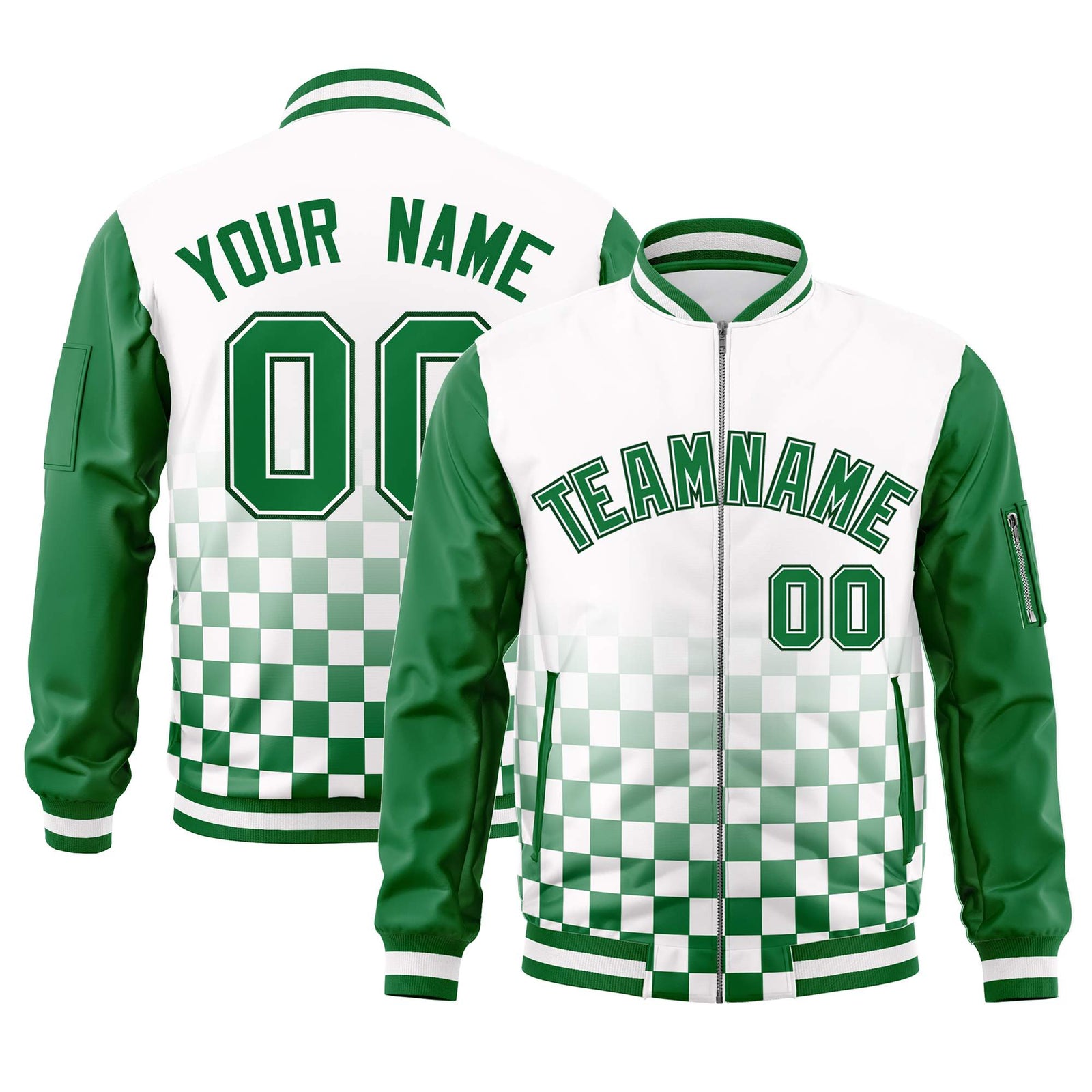 Custom White Green Grid Varsity Full-Zip Color Block Letterman Raglan Sleeve Jacket