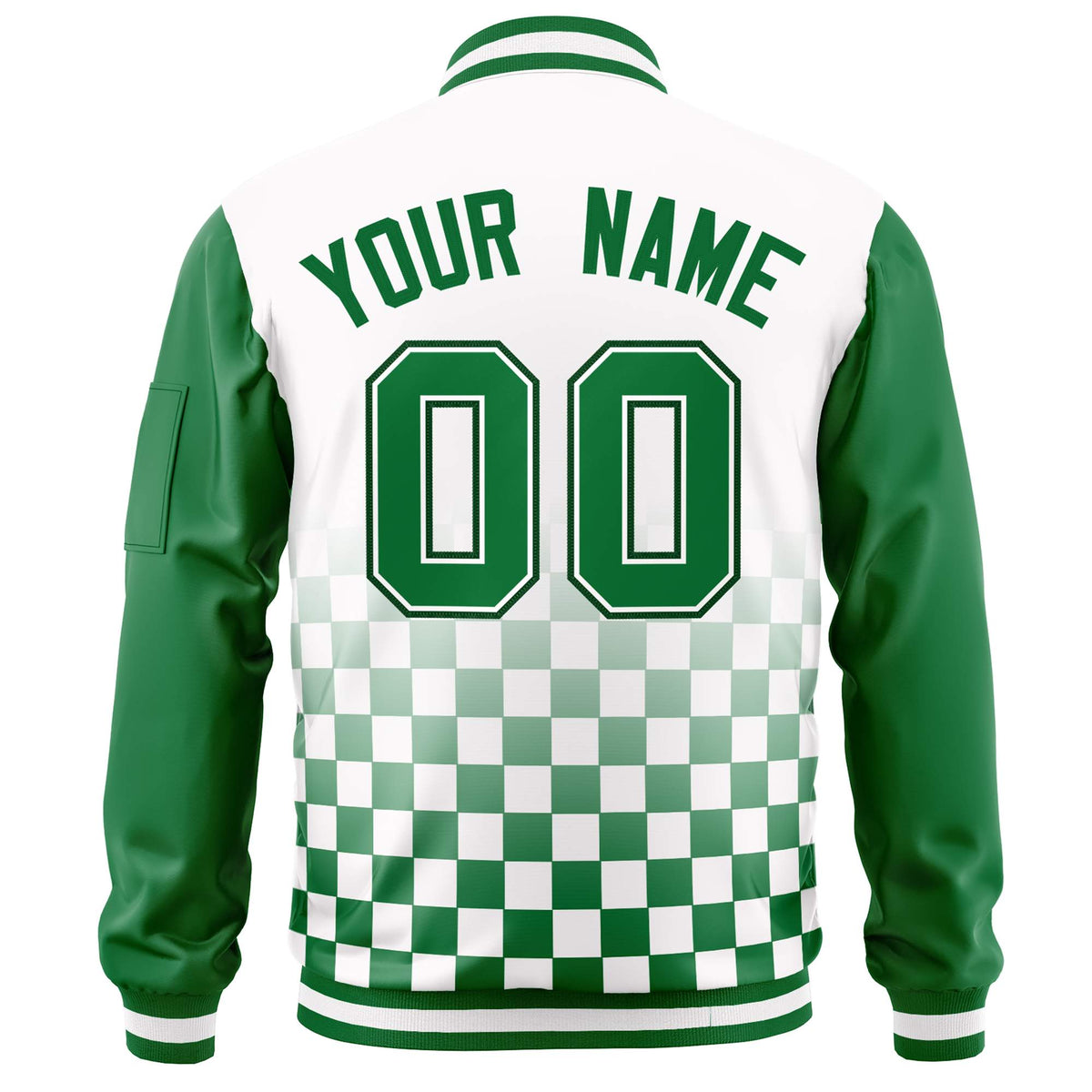 Custom White Green Grid Varsity Full-Zip Color Block Letterman Raglan Sleeve Jacket
