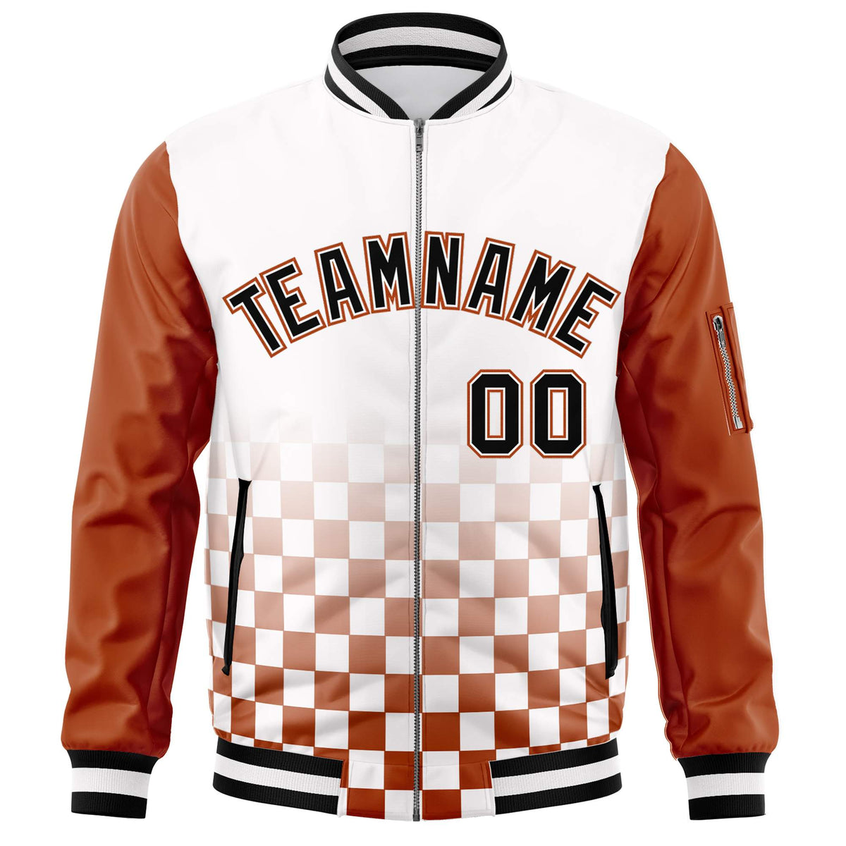 Custom White Black-Orange Grid Varsity Full-Zip Color Block Letterman Raglan Sleeve Jacket