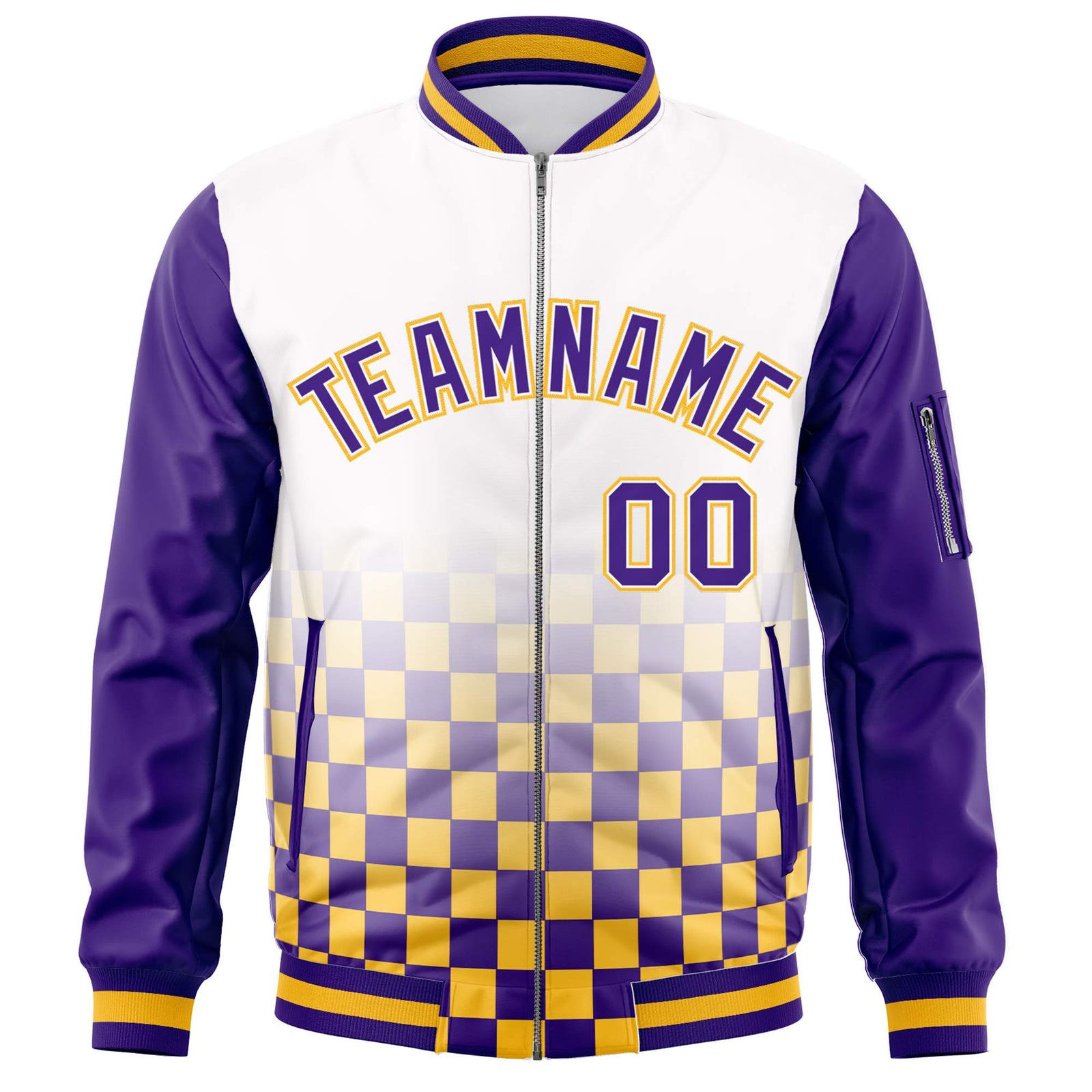 Custom White Purple-Gold Grid Varsity Full-Zip Color Block Letterman Raglan Sleeve Jacket