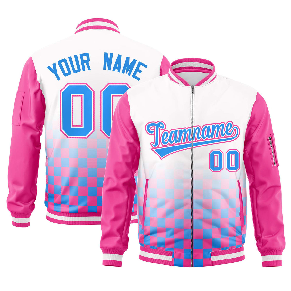 Custom White Powder Blue-Pink Grid Varsity Full-Zip Color Block Letterman Raglan Sleeve Jacket