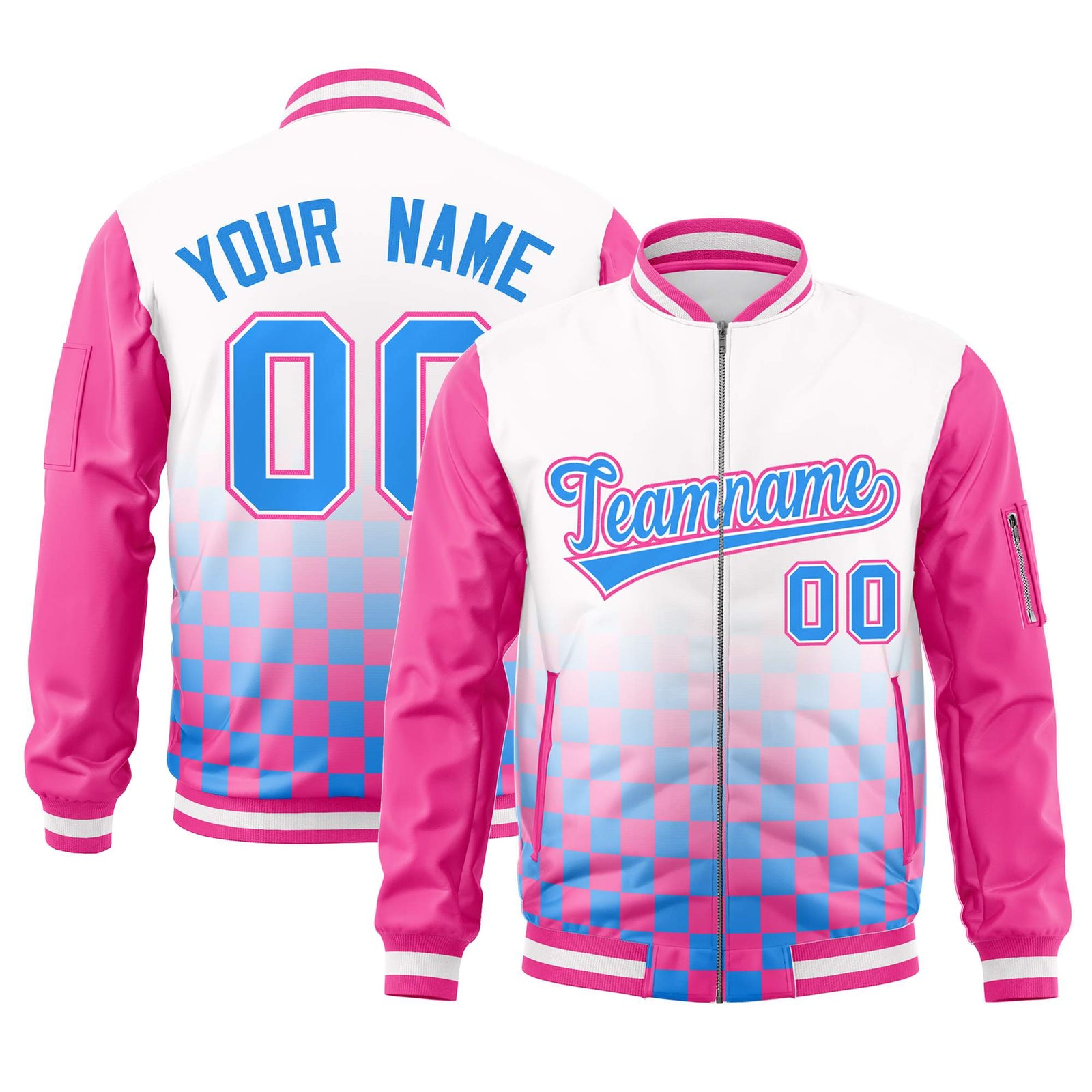 Custom White Powder Blue-Pink Grid Varsity Full-Zip Color Block Letterman Raglan Sleeve Jacket