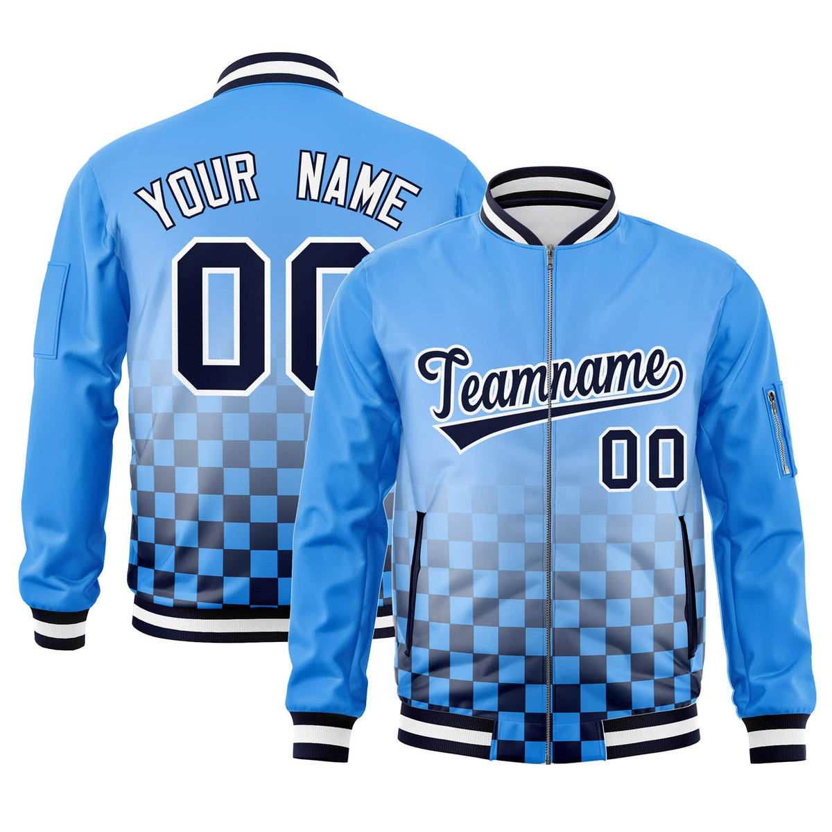 Custom Powder Blue Navy-White Grid Varsity Full-Zip Color Block Letterman Bomber Jacket
