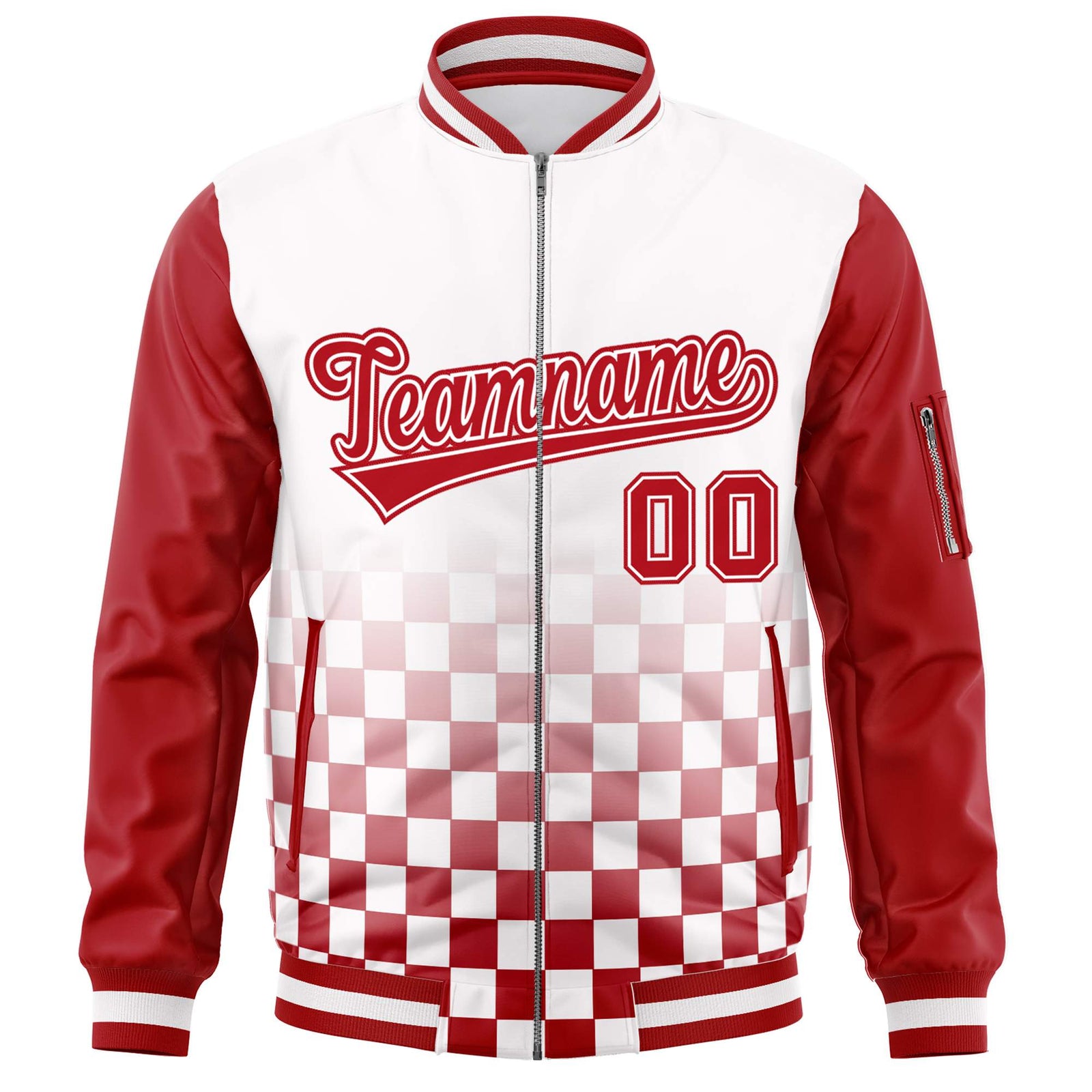 Custom White Red Grid Varsity Full-Zip Color Block Letterman Raglan Sleeve Jacket