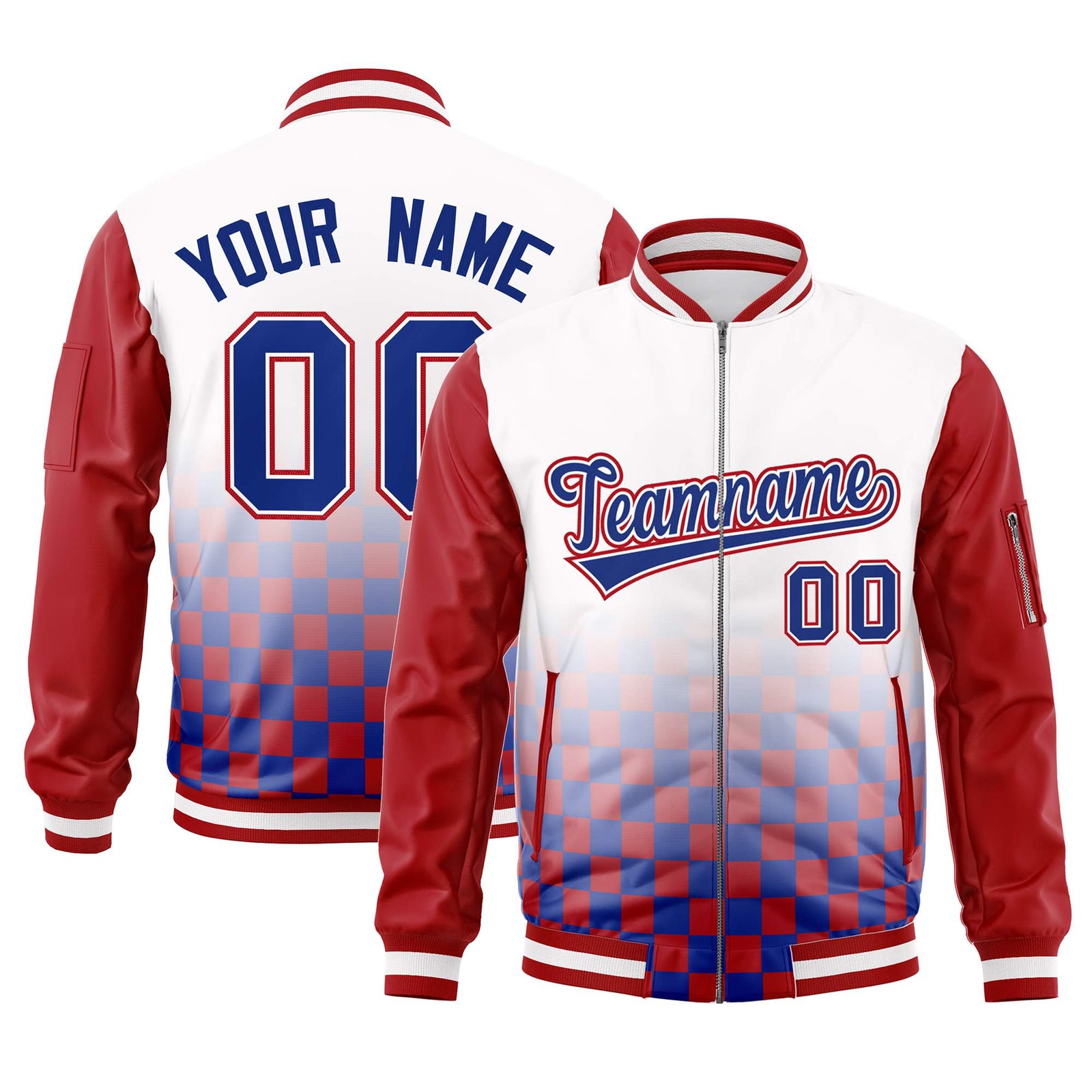 Custom White Royal-Red Grid Varsity Full-Zip Color Block Letterman Raglan Sleeve Jacket
