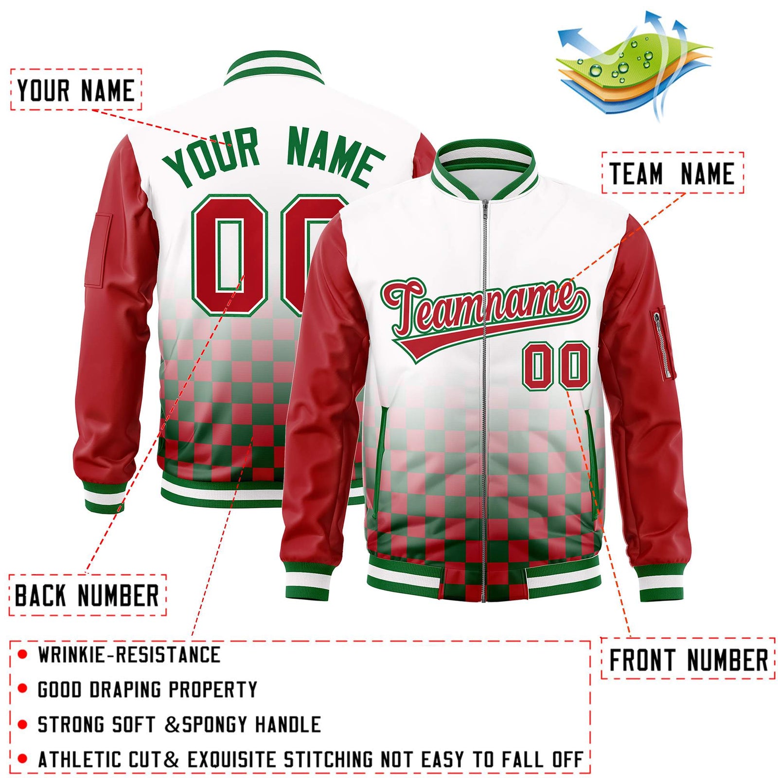 Custom White Red-Kelly Green Grid Varsity Full-Zip Color Block Letterman Raglan Sleeve Jacket