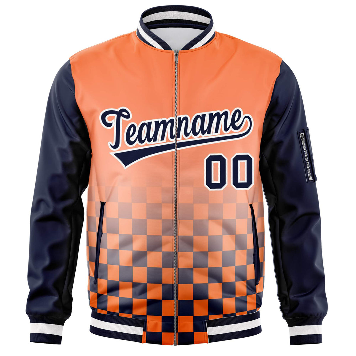 Custom Orange Navy-White Grid Varsity Full-Zip Color Block Letterman Raglan Sleeve Jacket