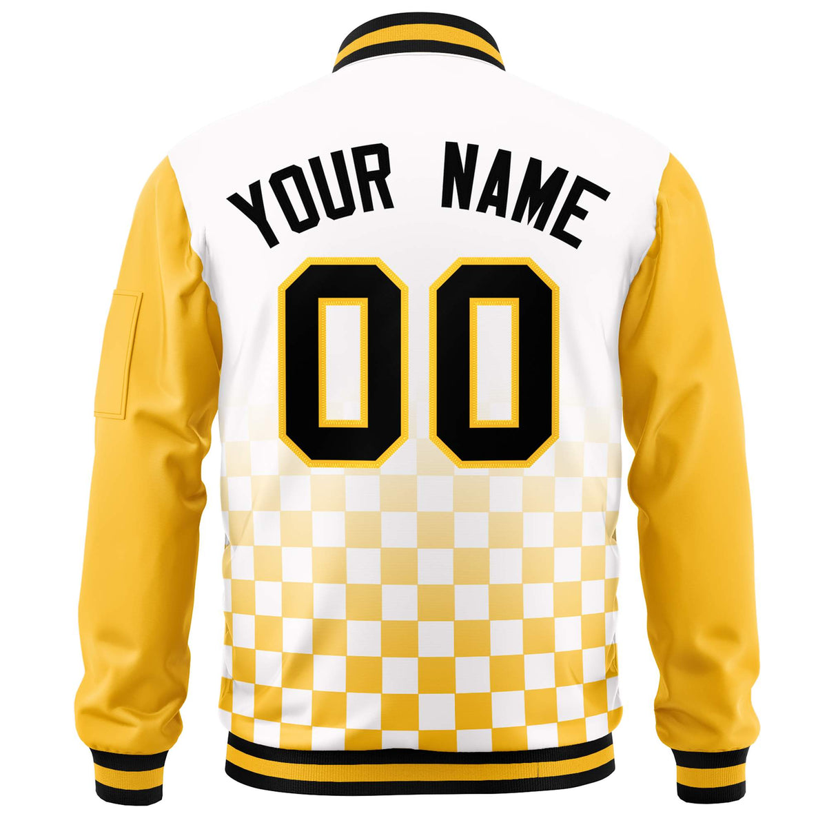 Custom White Black-Gold Grid Varsity Full-Zip Color Block Letterman Raglan Sleeve Jacket