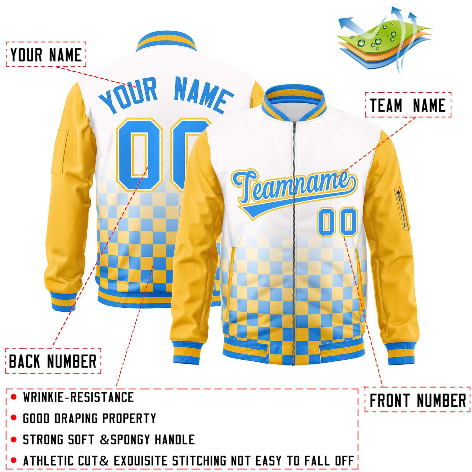 Custom White Powder Blue-Gold Grid Varsity Full-Zip Color Block Letterman Raglan Sleeve Jacket