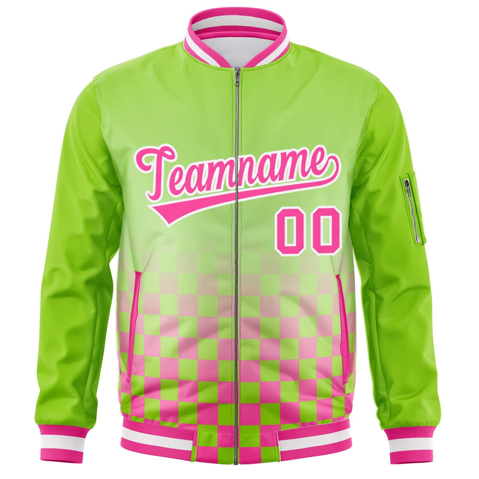 Custom Neon Green Pink-White Grid Varsity Full-Zip Color Block Letterman Raglan Sleeve Jacket