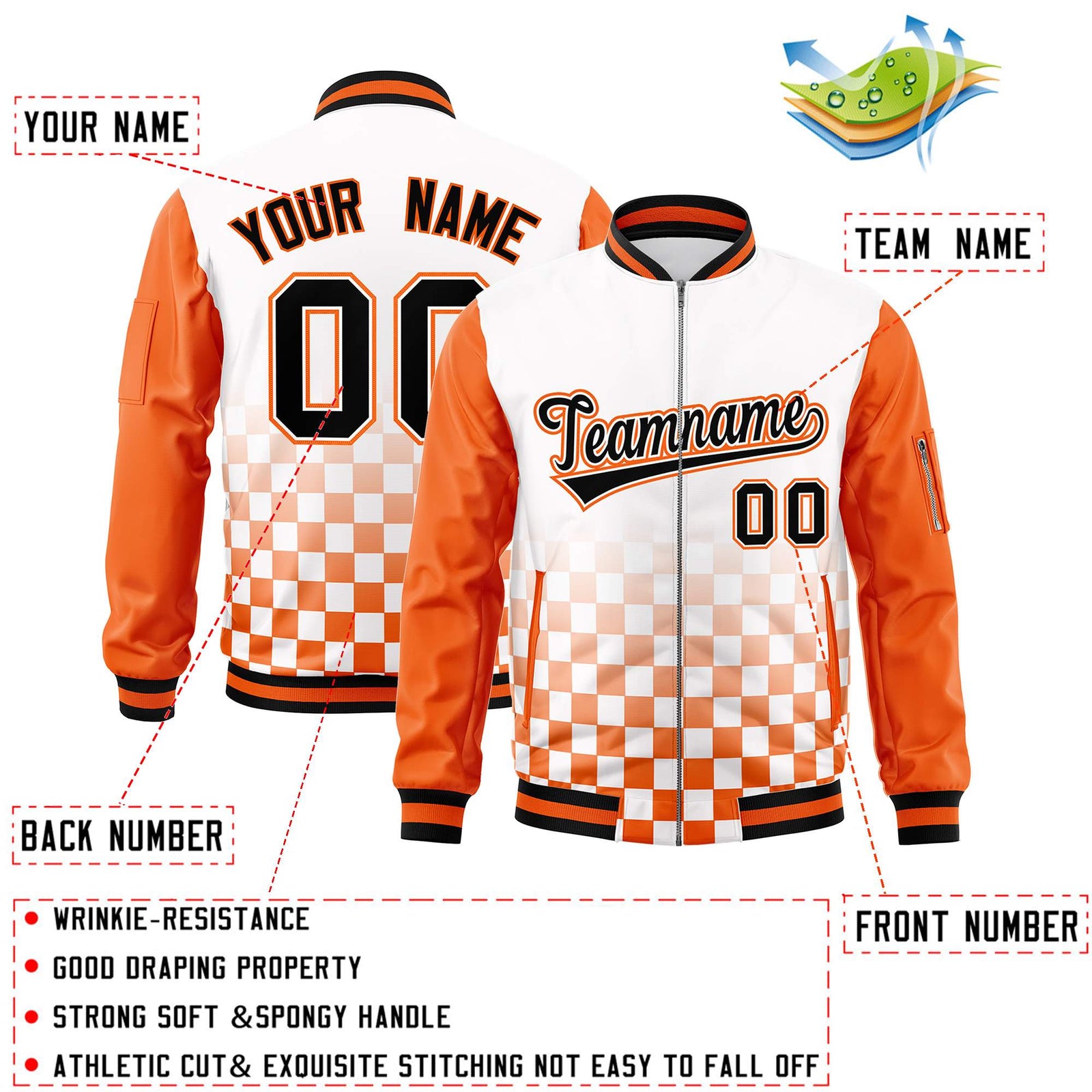Custom White Black-Orange Grid Varsity Full-Zip Color Block Letterman Raglan Sleeve Jacket