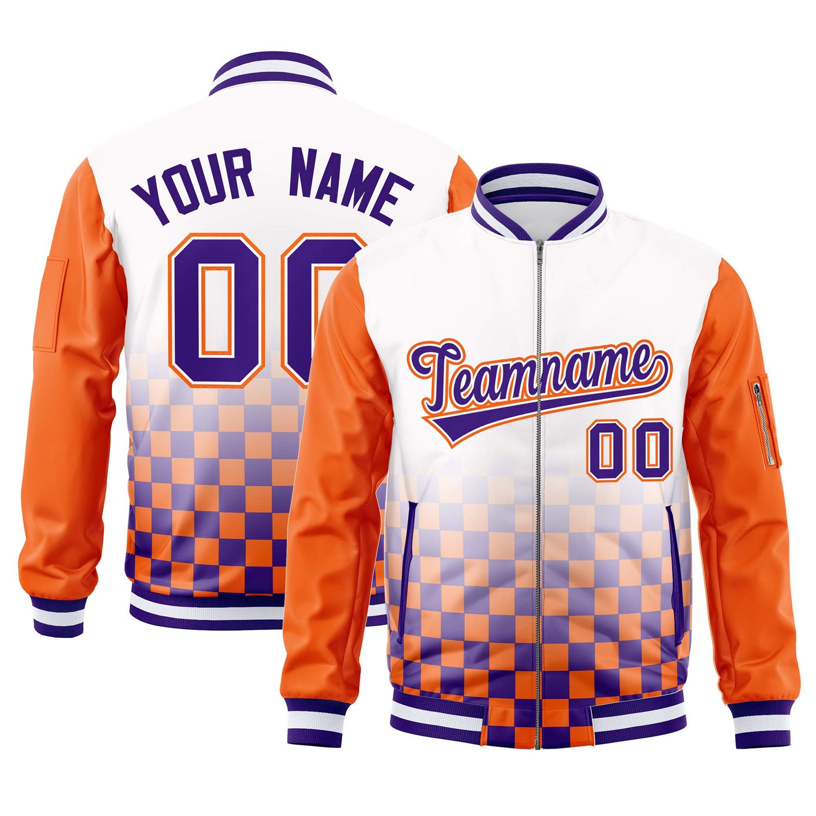 Custom White Purple-Orange Grid Varsity Full-Zip Color Block Letterman Raglan Sleeve Jacket