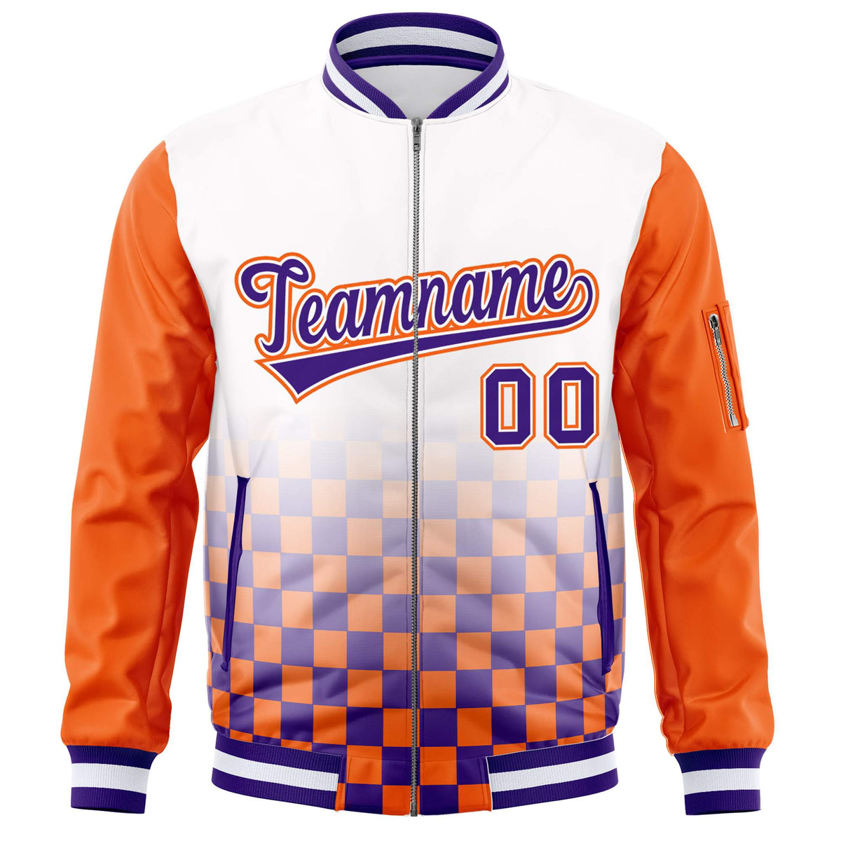 Custom White Purple-Orange Grid Varsity Full-Zip Color Block Letterman Raglan Sleeve Jacket