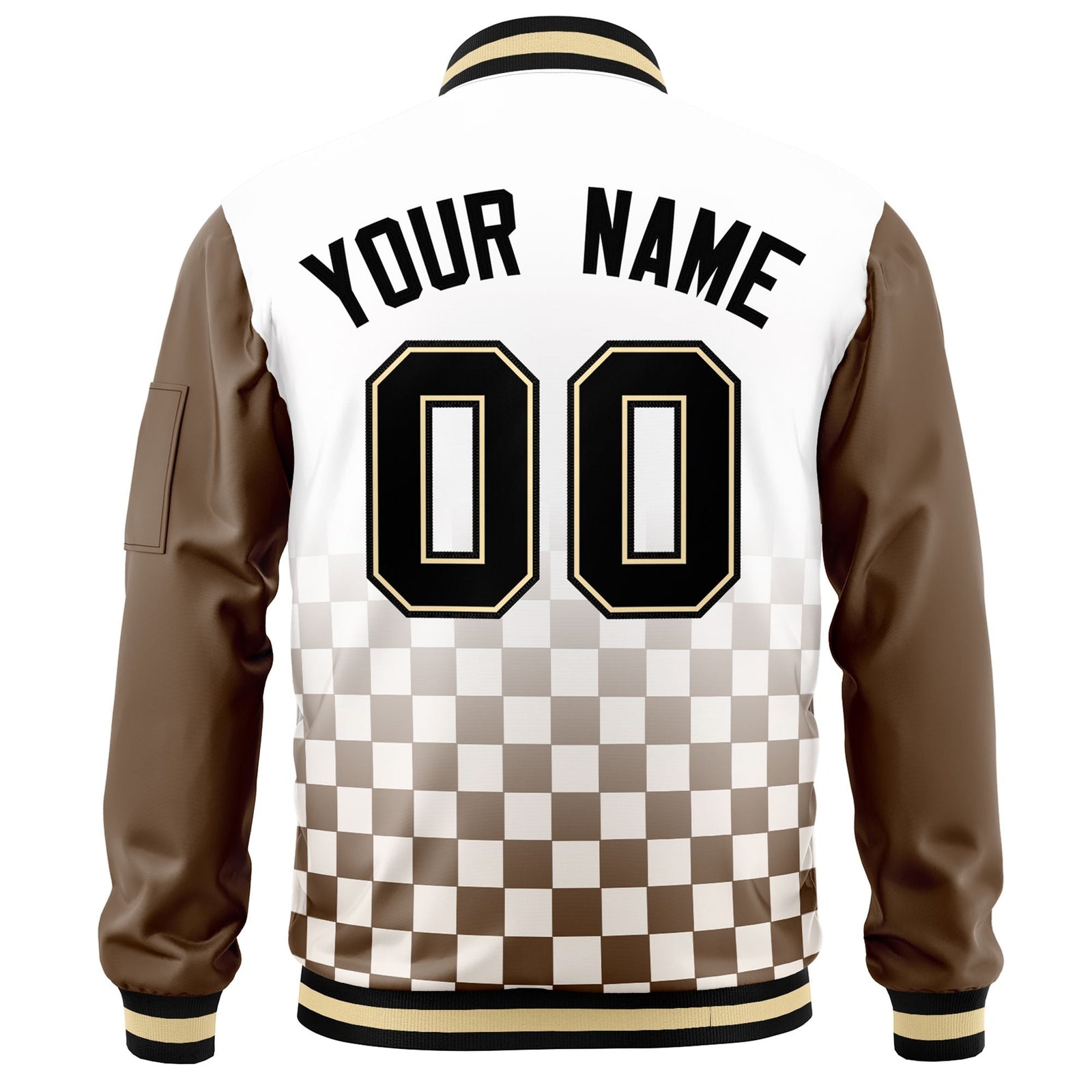 Custom White Black-Brown Grid Varsity Full-Zip Color Block Letterman Raglan Sleeve Jacket