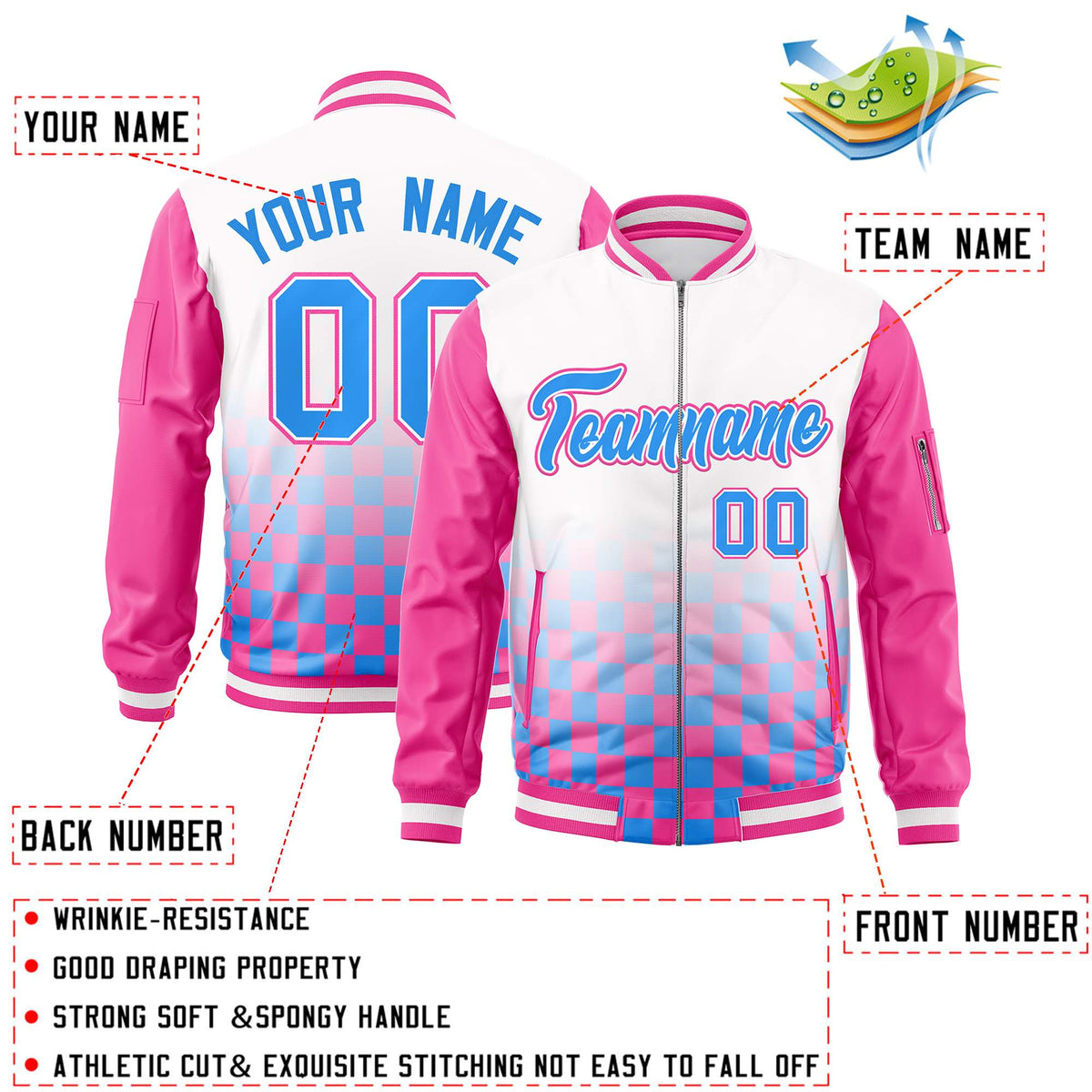 Custom White Powder Blue-Pink Grid Varsity Full-Zip Color Block Letterman Raglan Sleeve Jacket