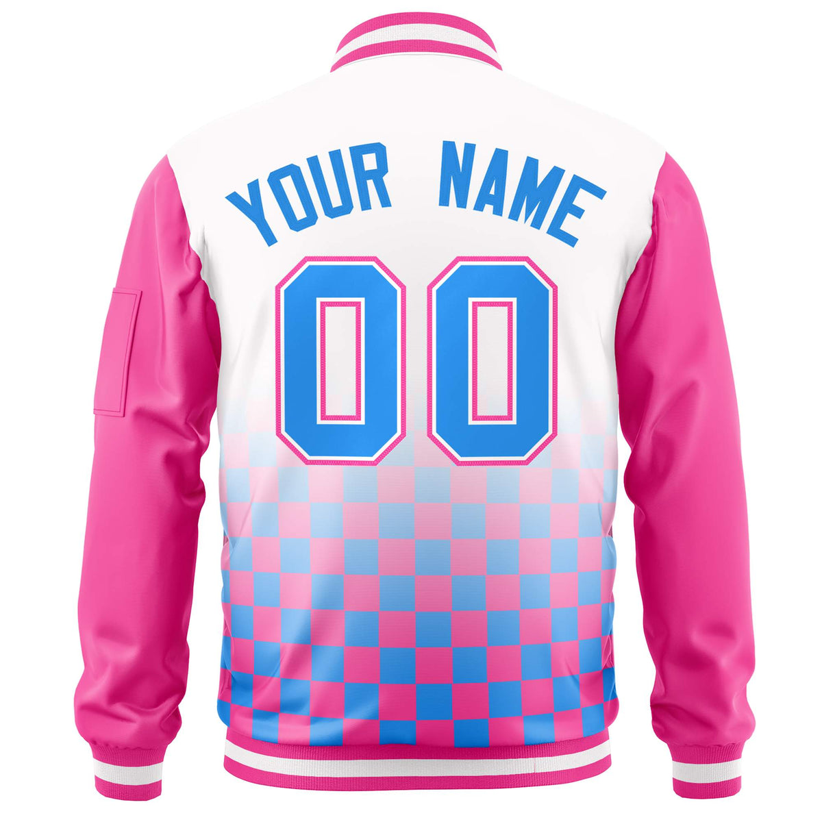 Custom White Powder Blue-Pink Grid Varsity Full-Zip Color Block Letterman Raglan Sleeve Jacket