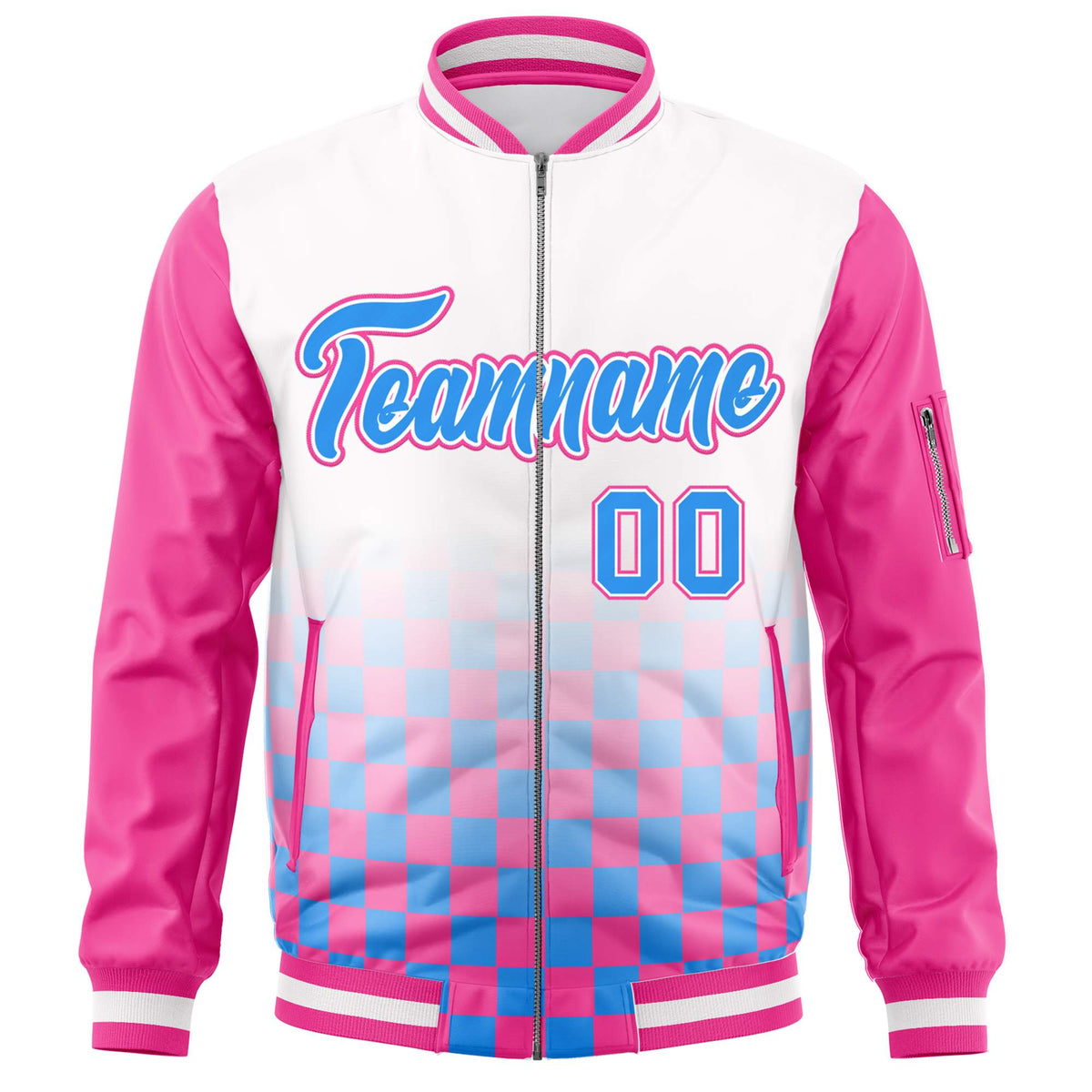 Custom White Powder Blue-Pink Grid Varsity Full-Zip Color Block Letterman Raglan Sleeve Jacket