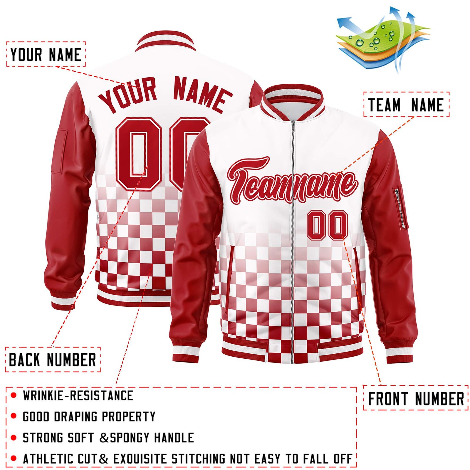 Custom White Red Grid Varsity Full-Zip Color Block Letterman Raglan Sleeve Jacket
