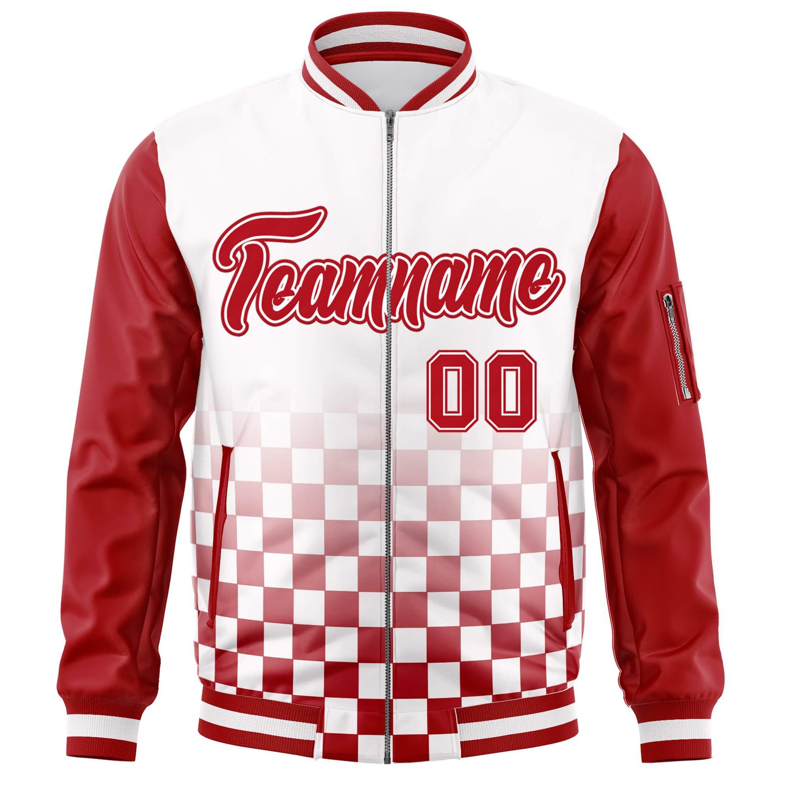 Custom White Red Grid Varsity Full-Zip Color Block Letterman Raglan Sleeve Jacket