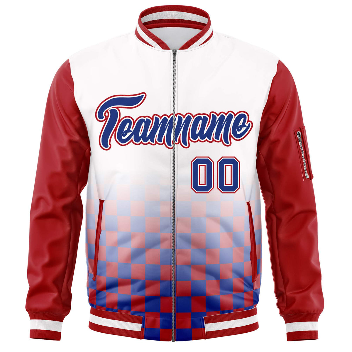 Custom White Royal-Red Grid Varsity Full-Zip Color Block Letterman Raglan Sleeve Jacket