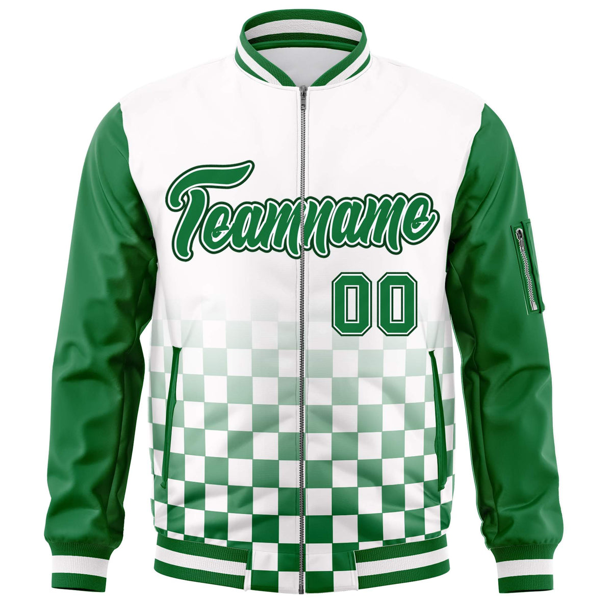 Custom White Green Grid Varsity Full-Zip Color Block Letterman Raglan Sleeve Jacket