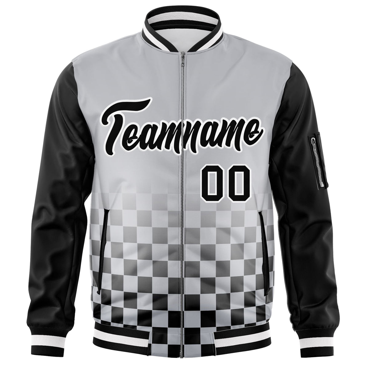 Custom Gray Black-White Grid Varsity Full-Zip Color Block Letterman Raglan Sleeve Jacket