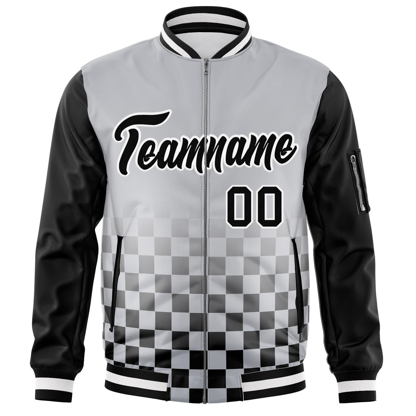 Custom Gray Black-White Grid Varsity Full-Zip Color Block Letterman Raglan Sleeve Jacket