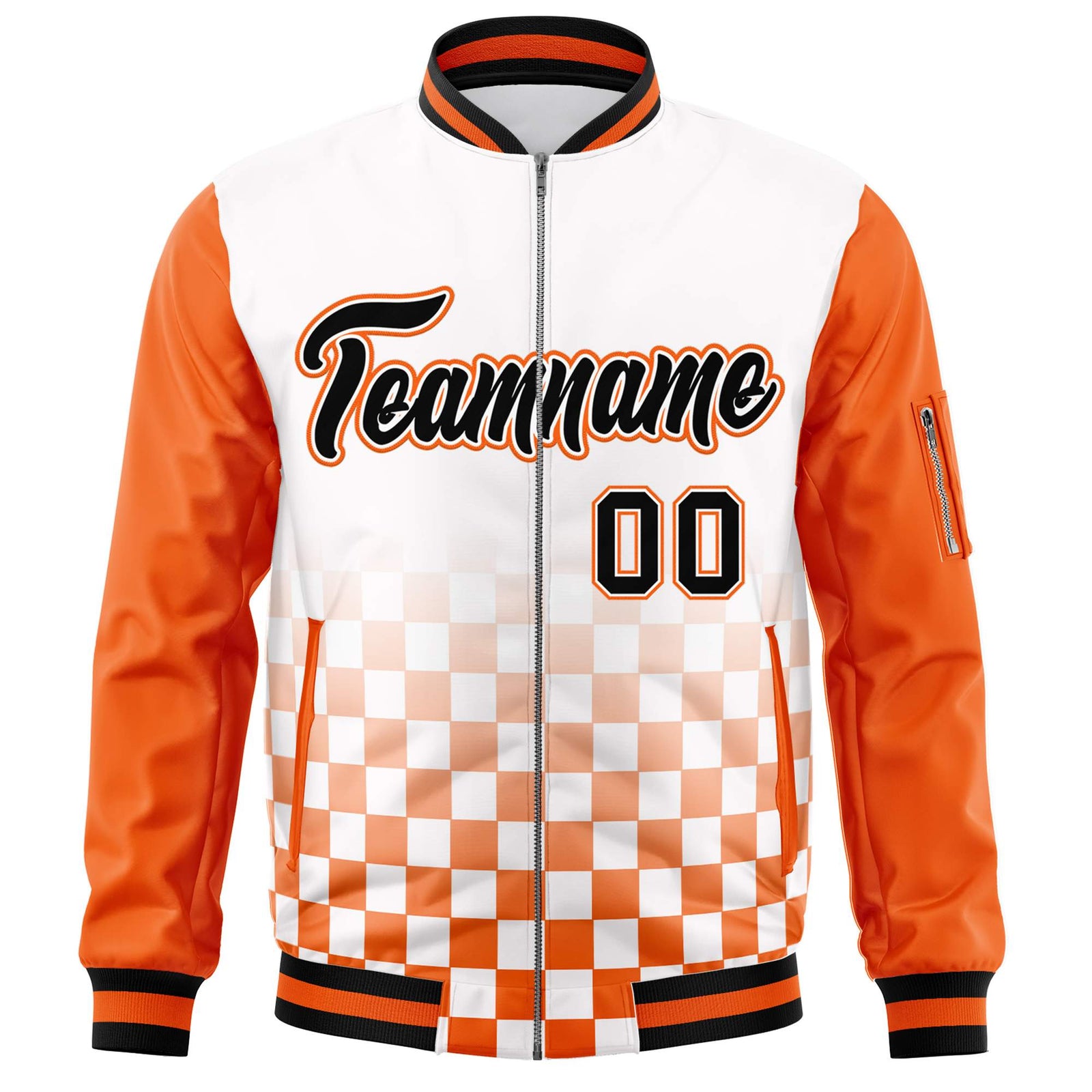 Custom White Black-Orange Grid Varsity Full-Zip Color Block Letterman Raglan Sleeve Jacket