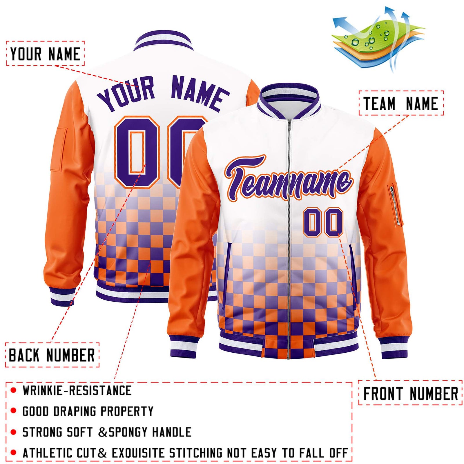 Custom White Purple-Orange Grid Varsity Full-Zip Color Block Letterman Raglan Sleeve Jacket