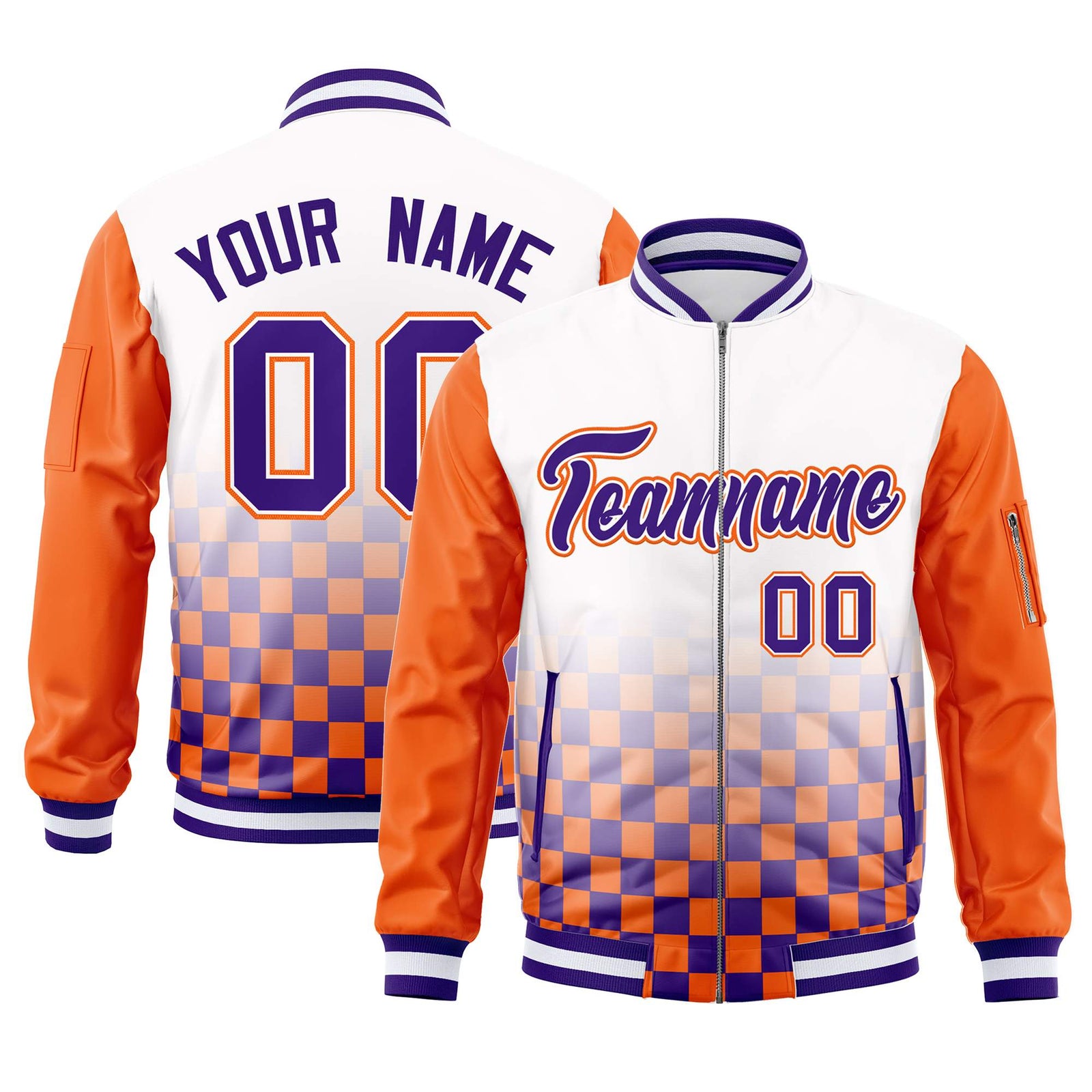Custom White Purple-Orange Grid Varsity Full-Zip Color Block Letterman Raglan Sleeve Jacket