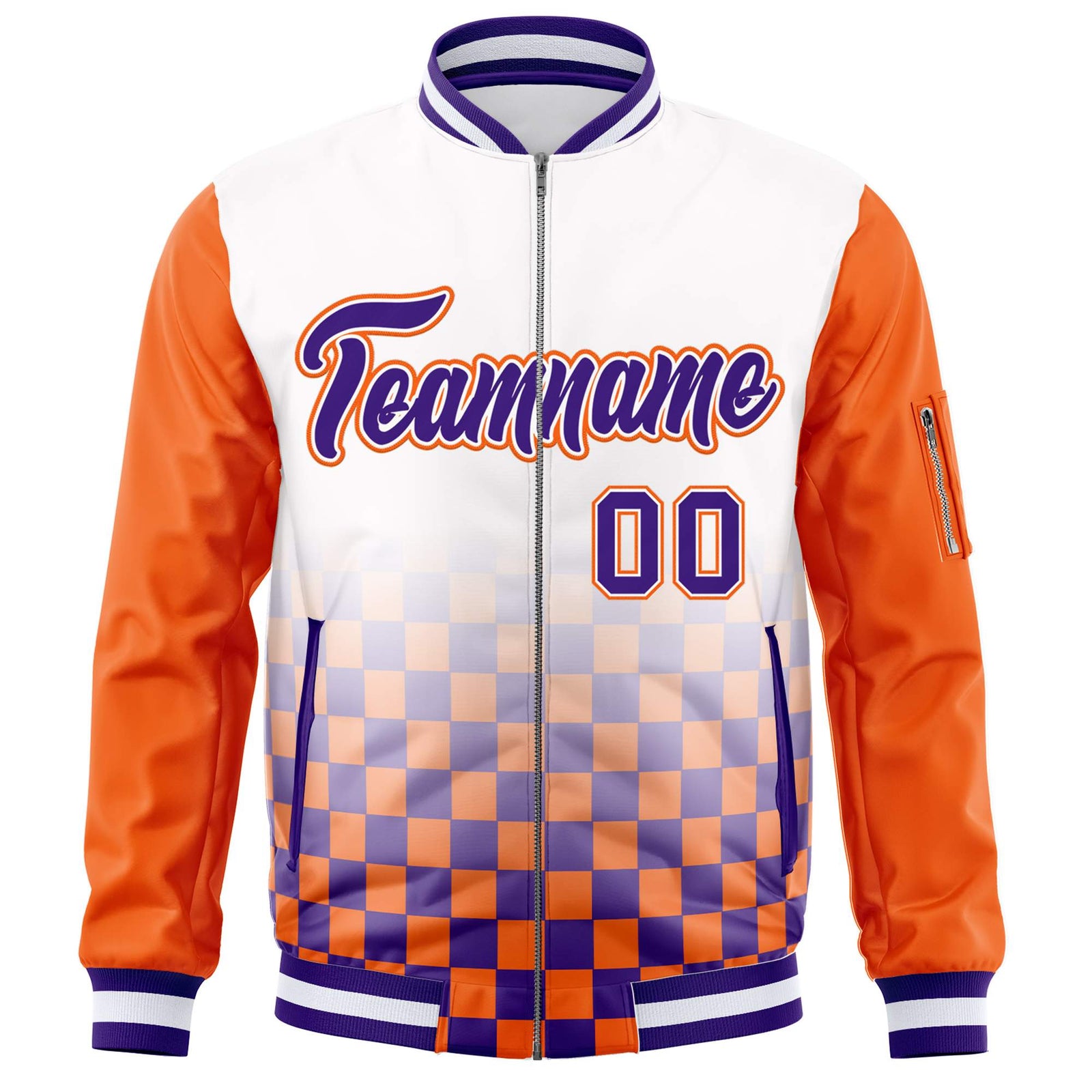 Custom White Purple-Orange Grid Varsity Full-Zip Color Block Letterman Raglan Sleeve Jacket