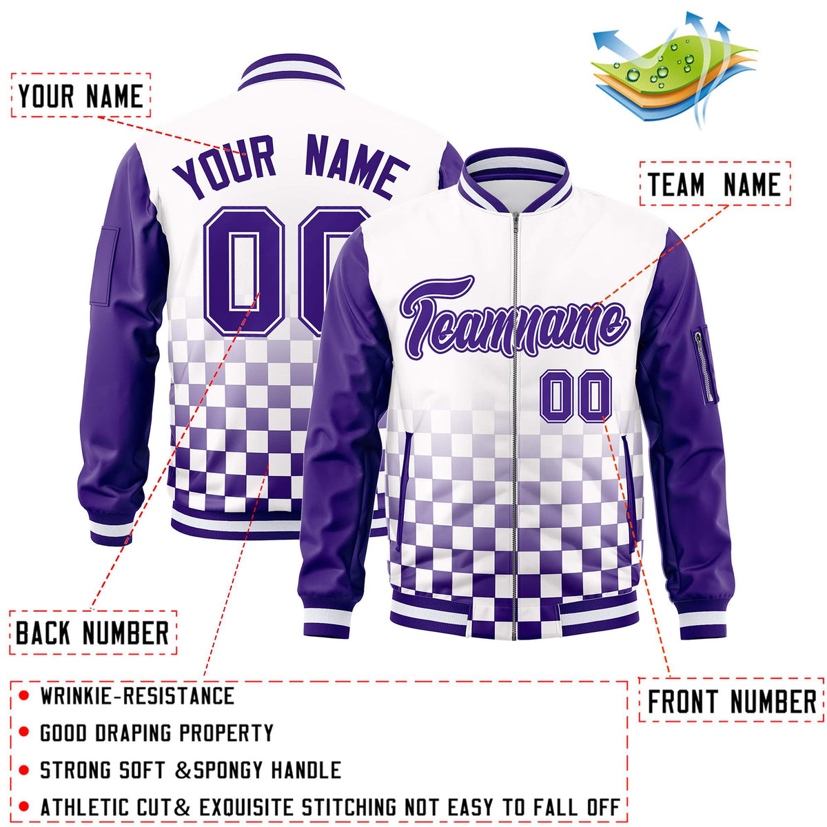 Custom White Purple Grid Varsity Full-Zip Color Block Letterman Raglan Sleeve Jacket