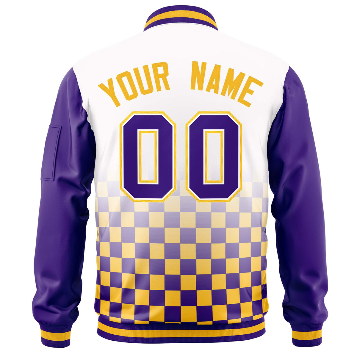 Custom White Purple-Gold Grid Varsity Full-Zip Color Block Letterman Raglan Sleeve Jacket