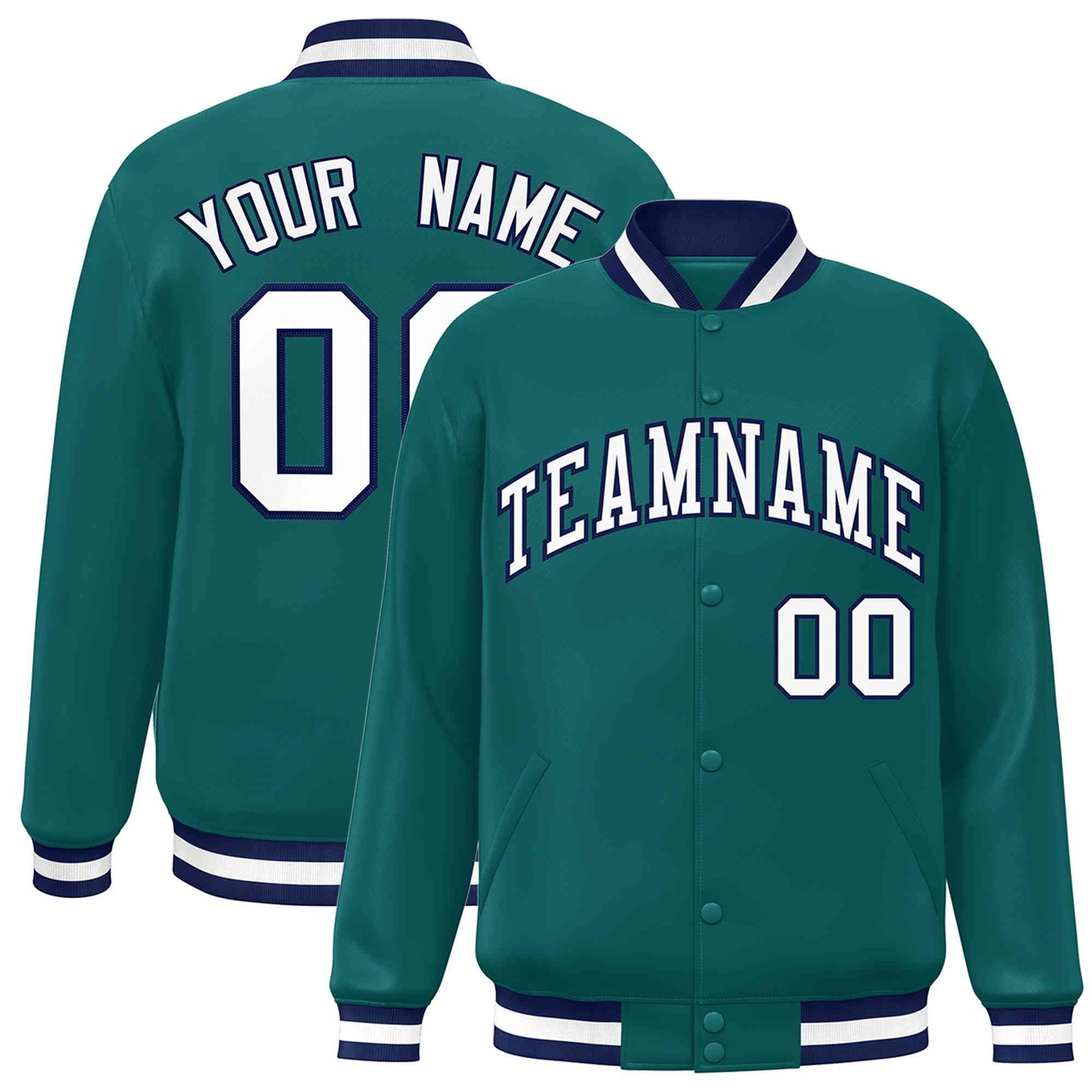 Custom Aqua White-Navy Classic Style Varsity Full-Snap Letterman Jacket
