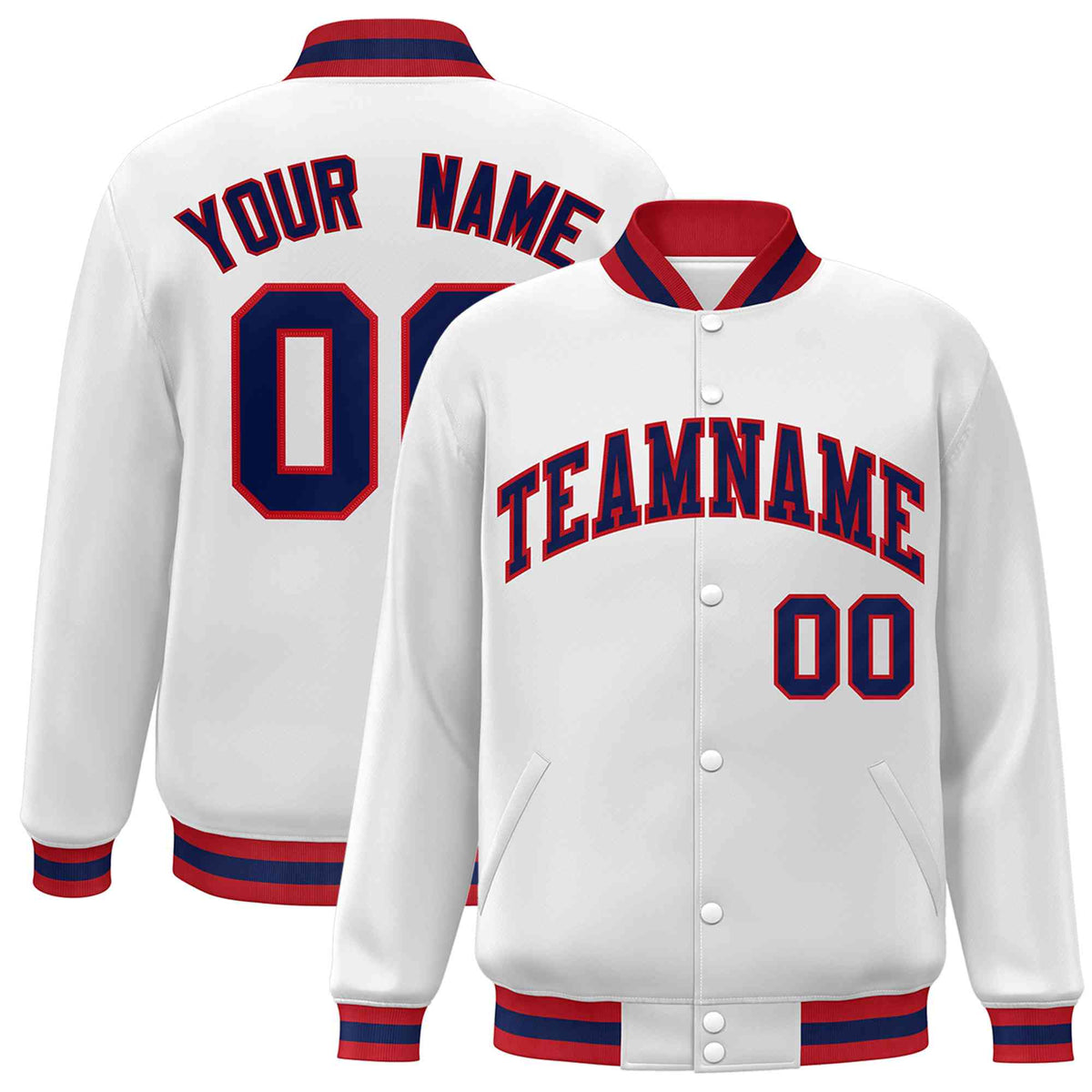 Custom White Navy-Red Classic Style Varsity Full-Snap Letterman Jacket