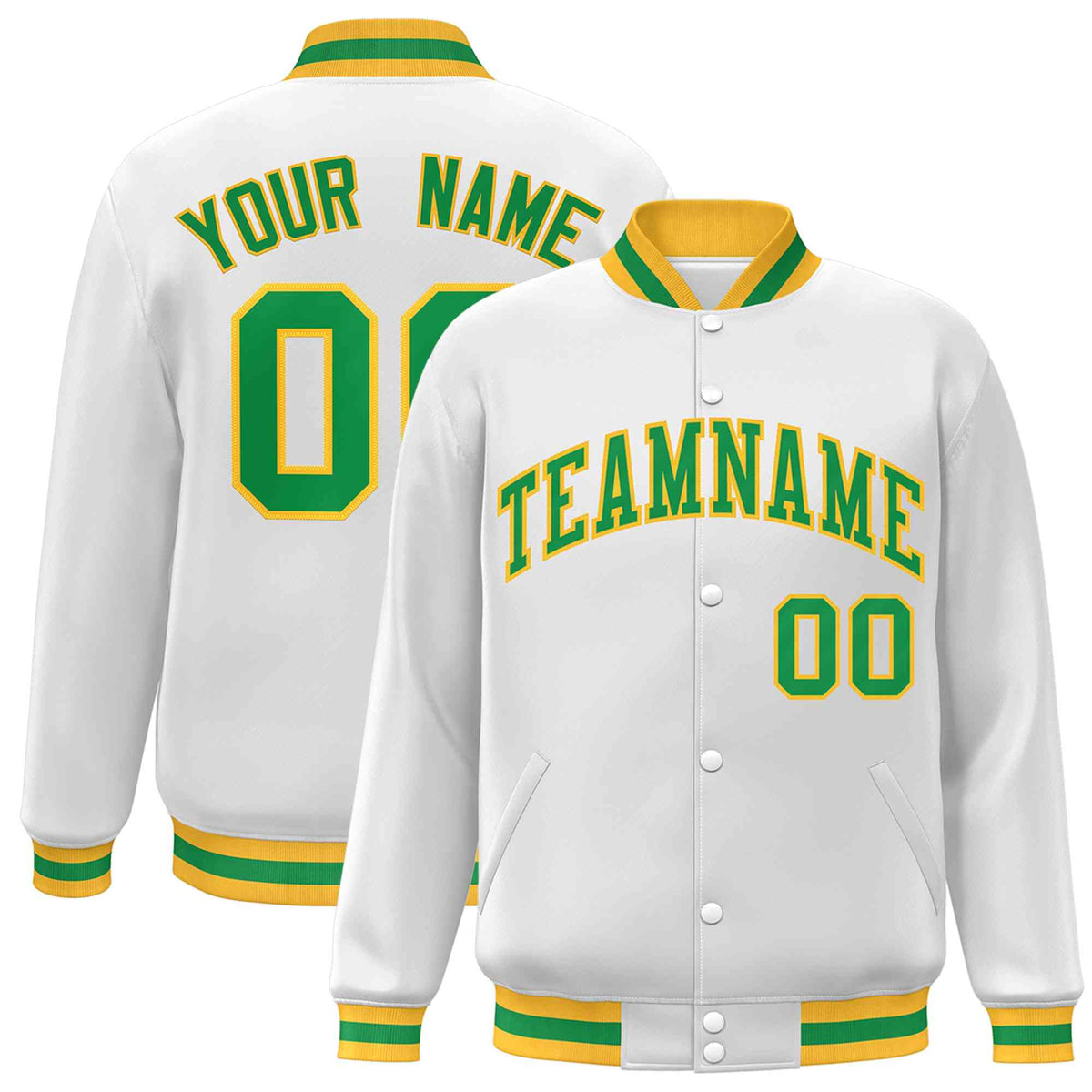 Custom White Green-Gold Classic Style Varsity Full-Snap Letterman Jacket