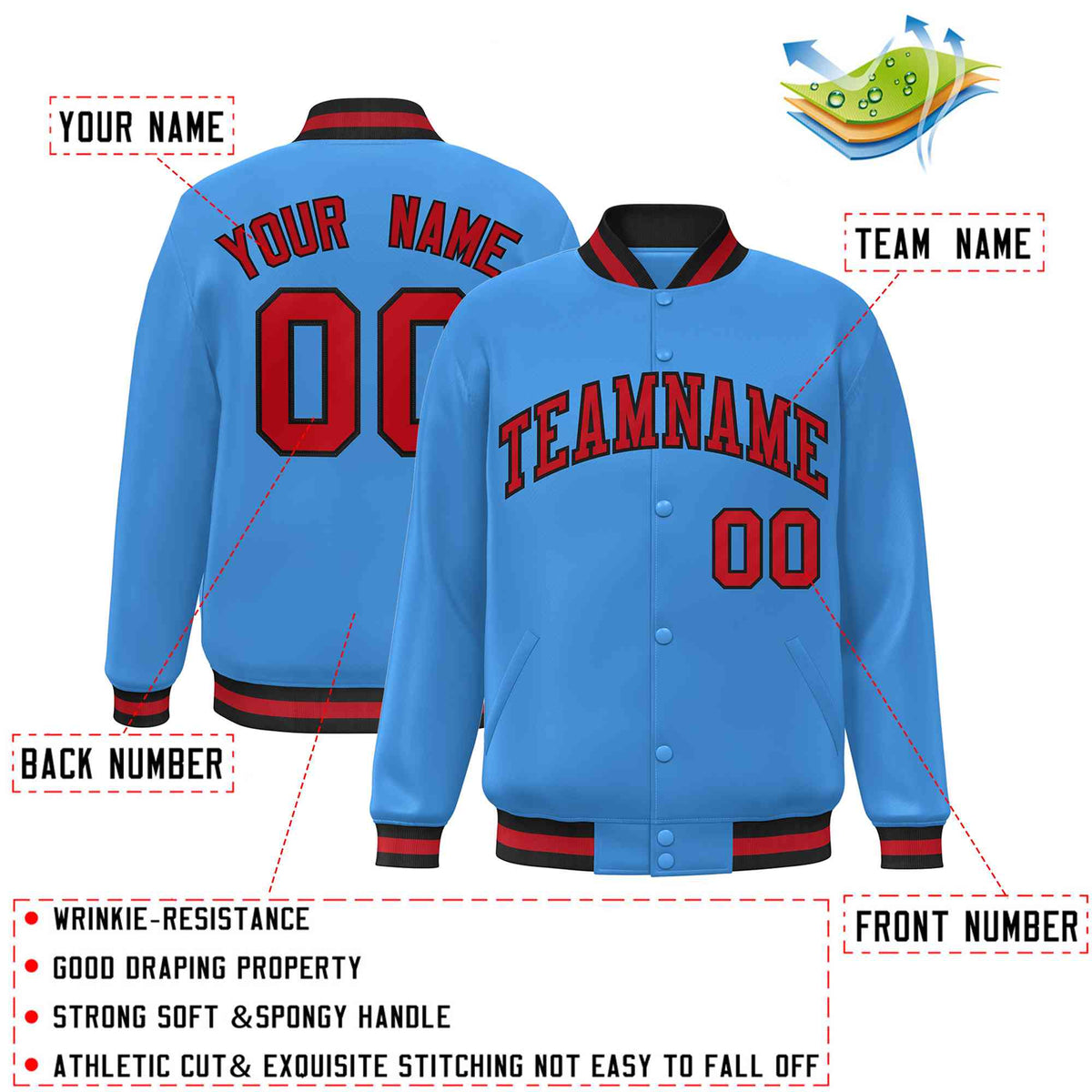 Custom Powder Blue Red-Black Classic Style Varsity Full-Snap Letterman Jacket