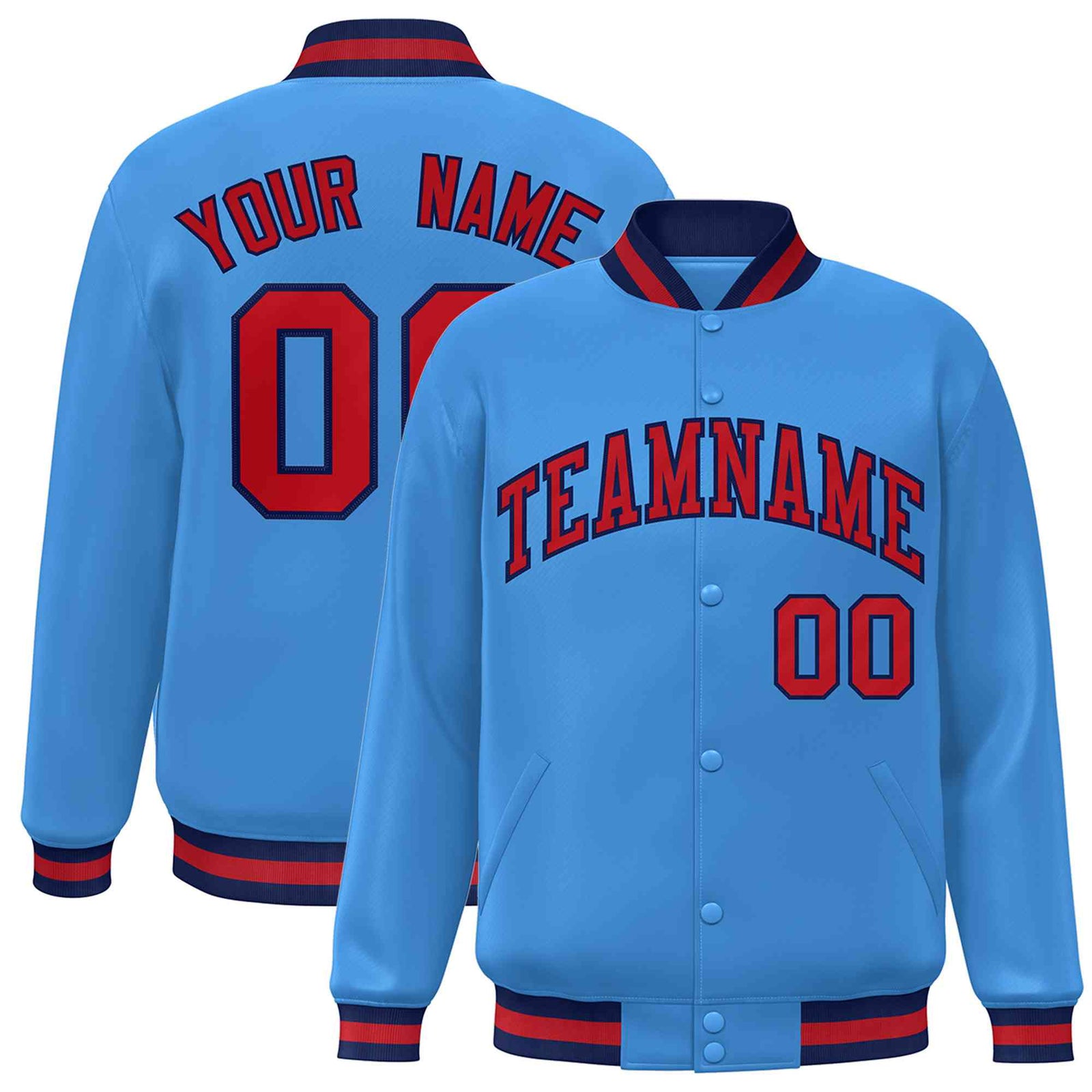 Custom Powder Blue Red-Navy Classic Style Varsity Full-Snap Letterman Jacket