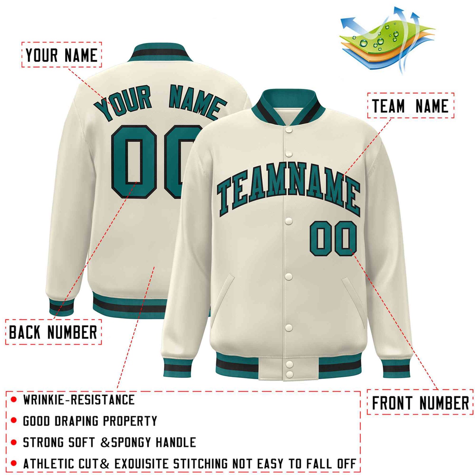 Custom Khaki Aqua-Black Classic Style Varsity Full-Snap Letterman Jacket