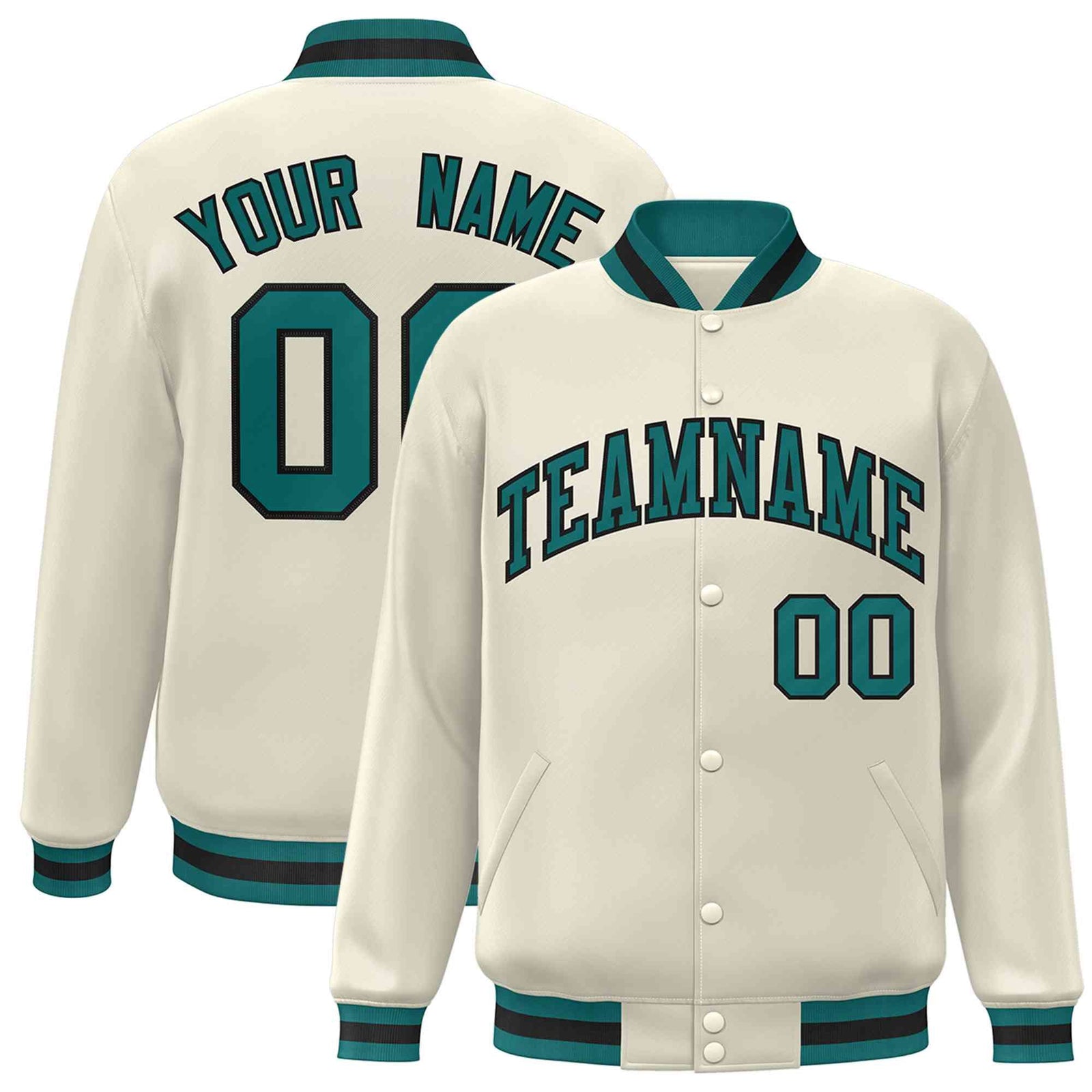 Custom Khaki Aqua-Black Classic Style Varsity Full-Snap Letterman Jacket