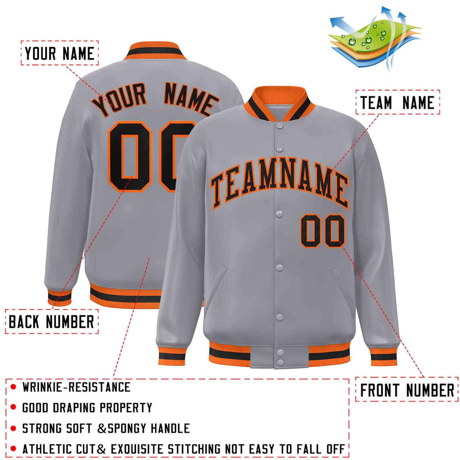 Custom Gray Black-Orange Classic Style Varsity Full-Snap Letterman Jacket