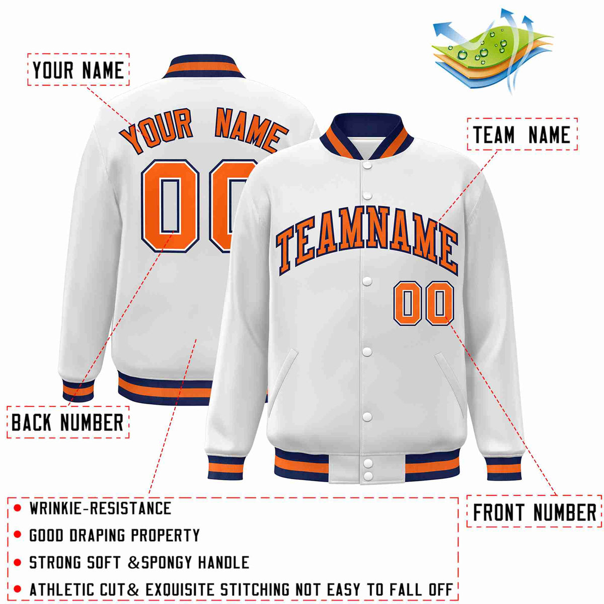 Custom White Orange-Navy Classic Style Varsity Full-Snap Letterman Jacket
