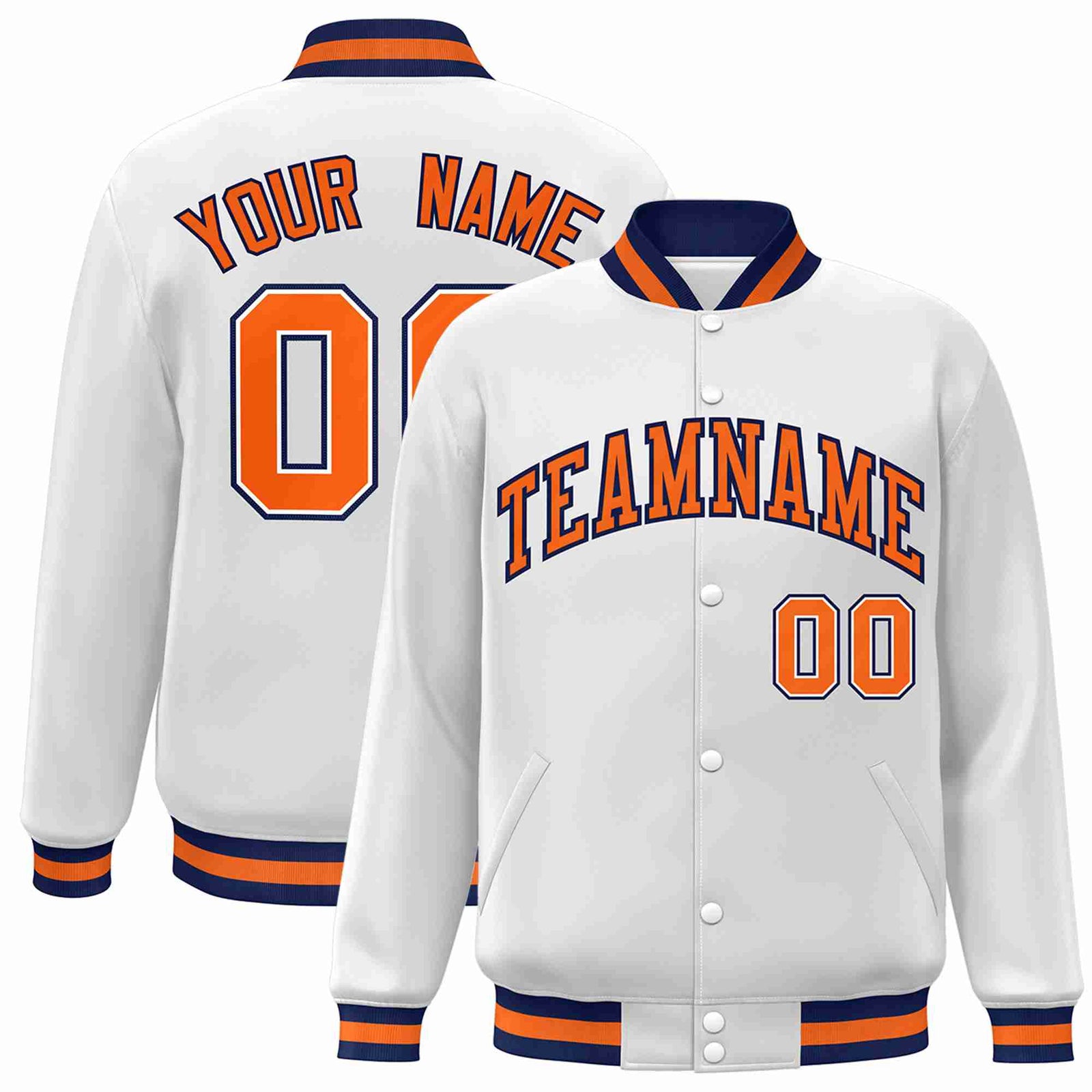 Custom White Orange-Navy Classic Style Varsity Full-Snap Letterman Jacket