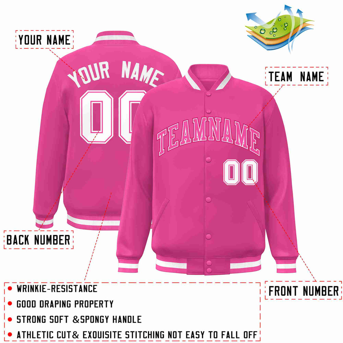 Custom Pink Pink-White Classic Style Varsity Full-Snap Letterman Jacket